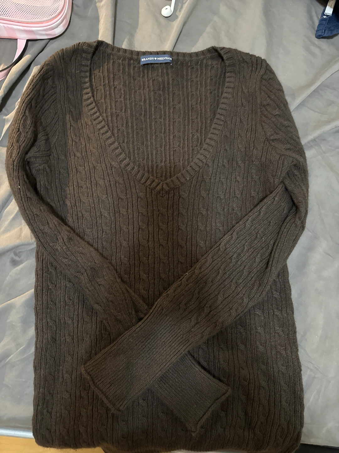 Brandy Melville Brown Cable Knit V-Neck Sweater