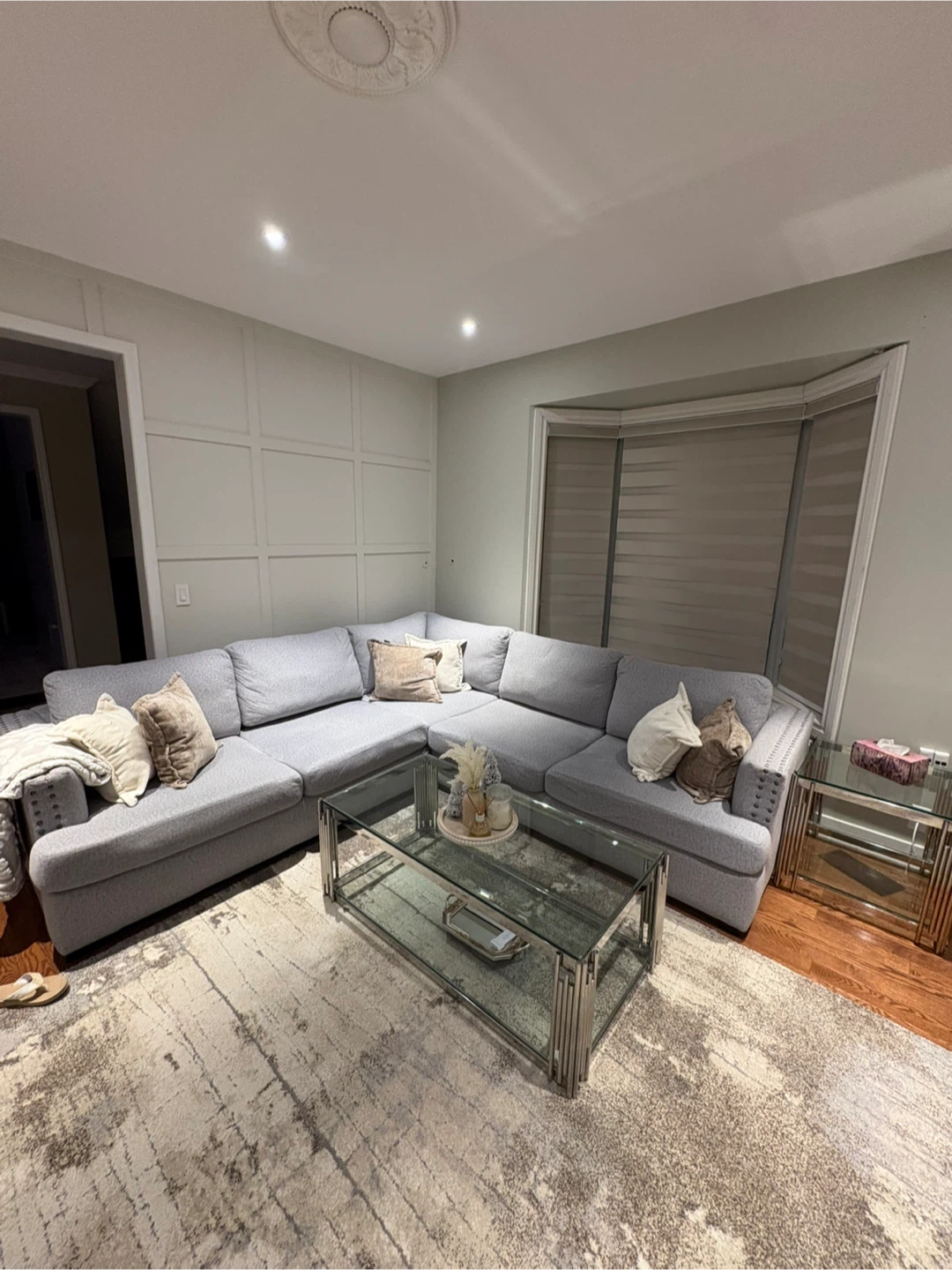 Light Grey Sectional Sofa with Decorative Studding