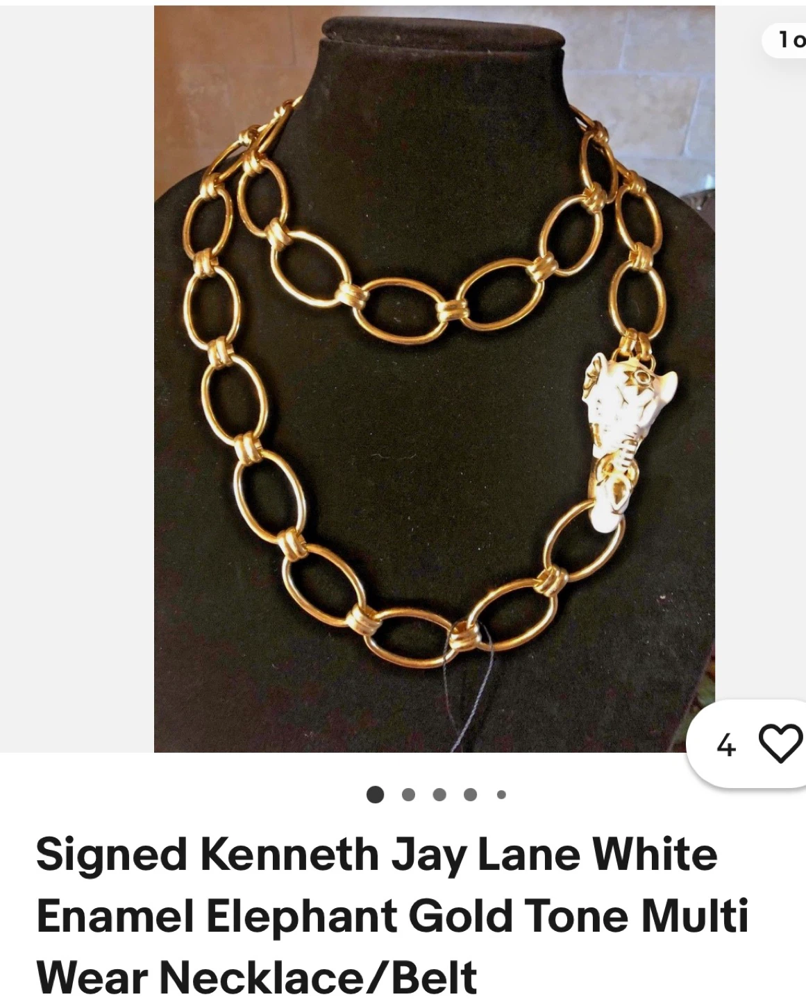 Kenneth Jay Lane White Enamel Elephant Gold Tone Necklace/Belt