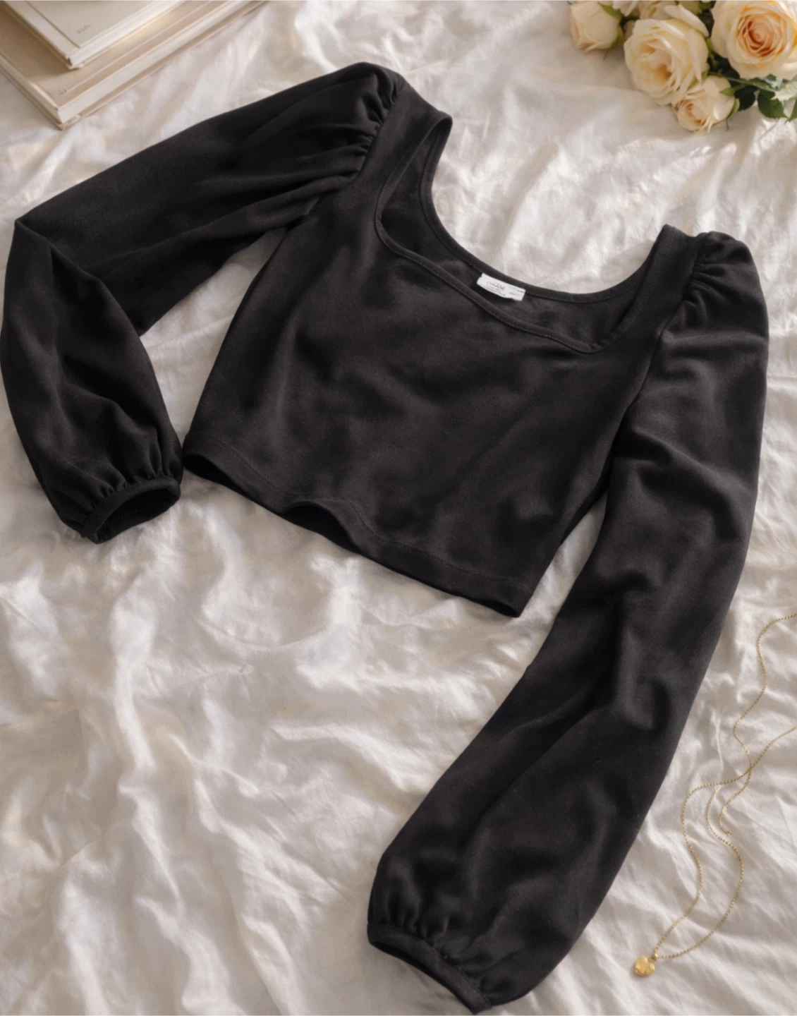 Ardene Black Square Neck Puff Sleeve Crop Top