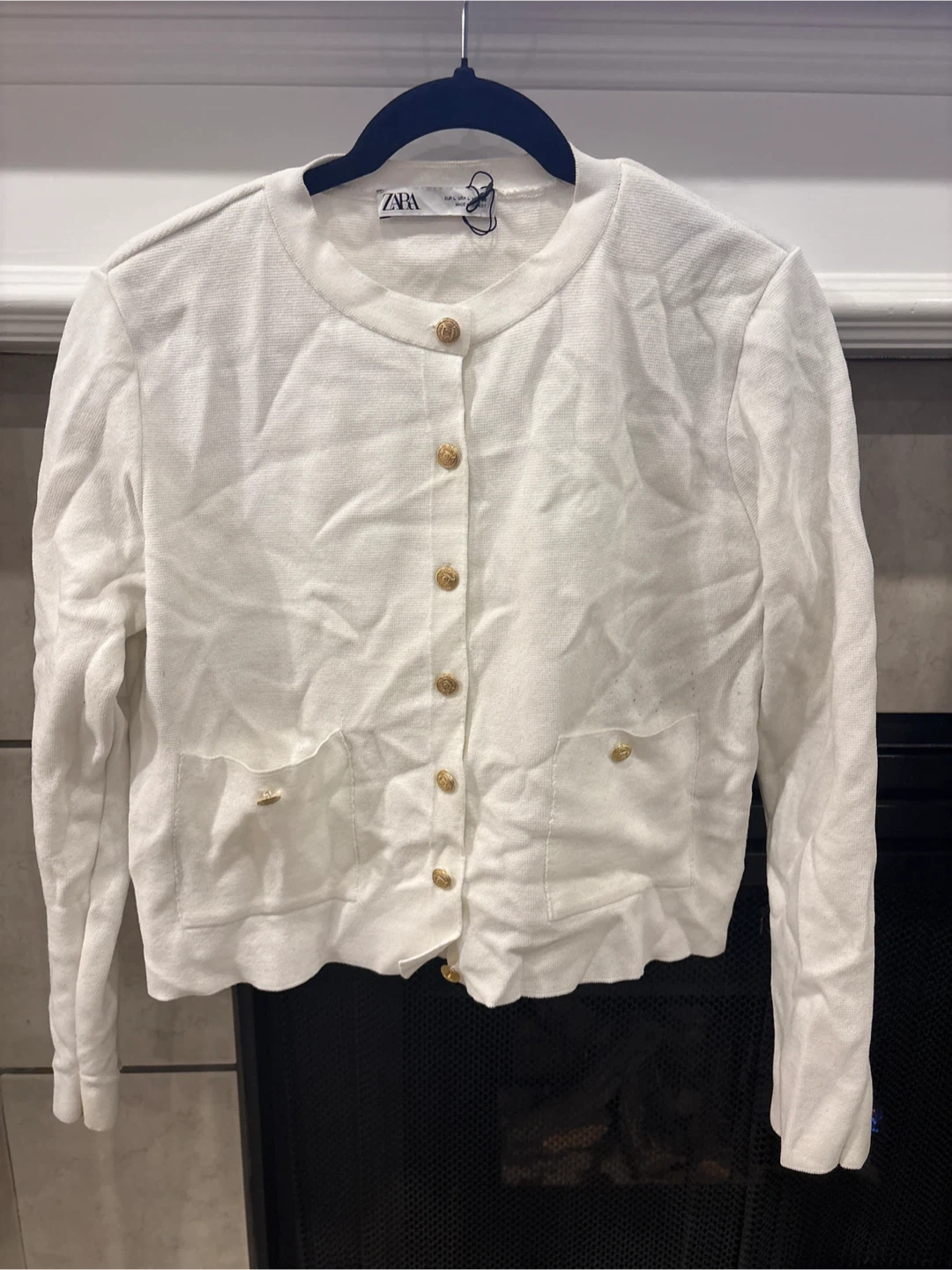 ZARA White Knit Button-Up Cardigan with Gold Buttons