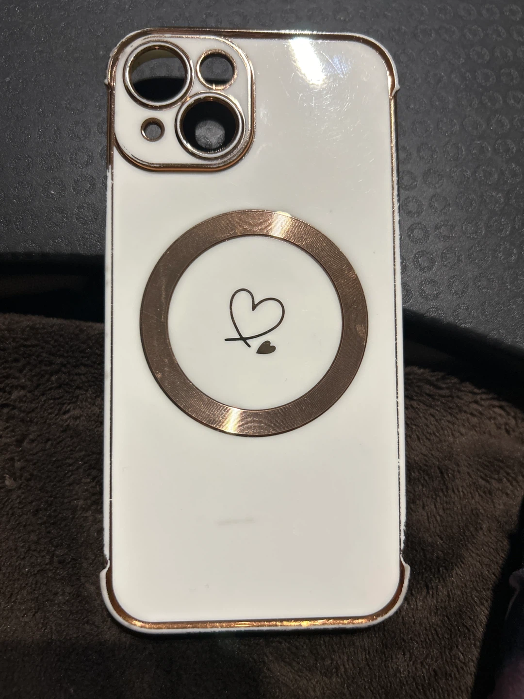 White iPhone Case with Gold Trim and Heart Design