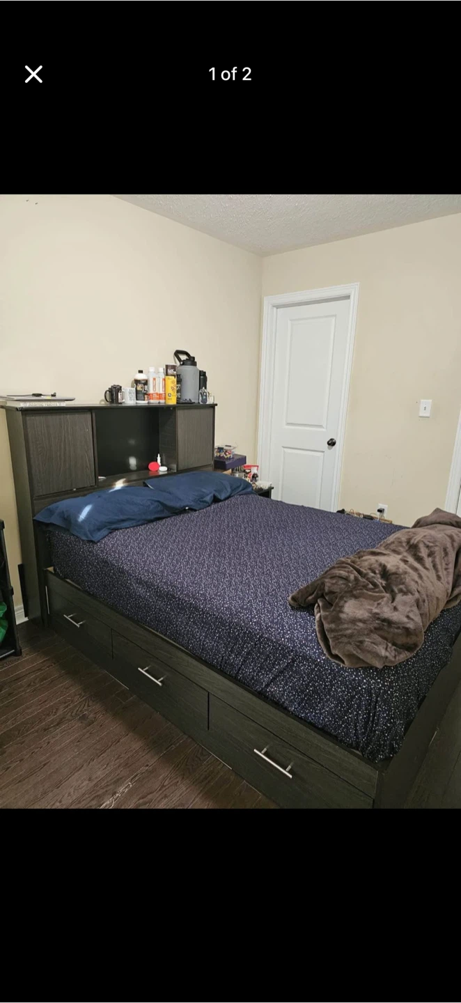 Dark Wood Double Bed Frame with Headboard and Storage Drawers