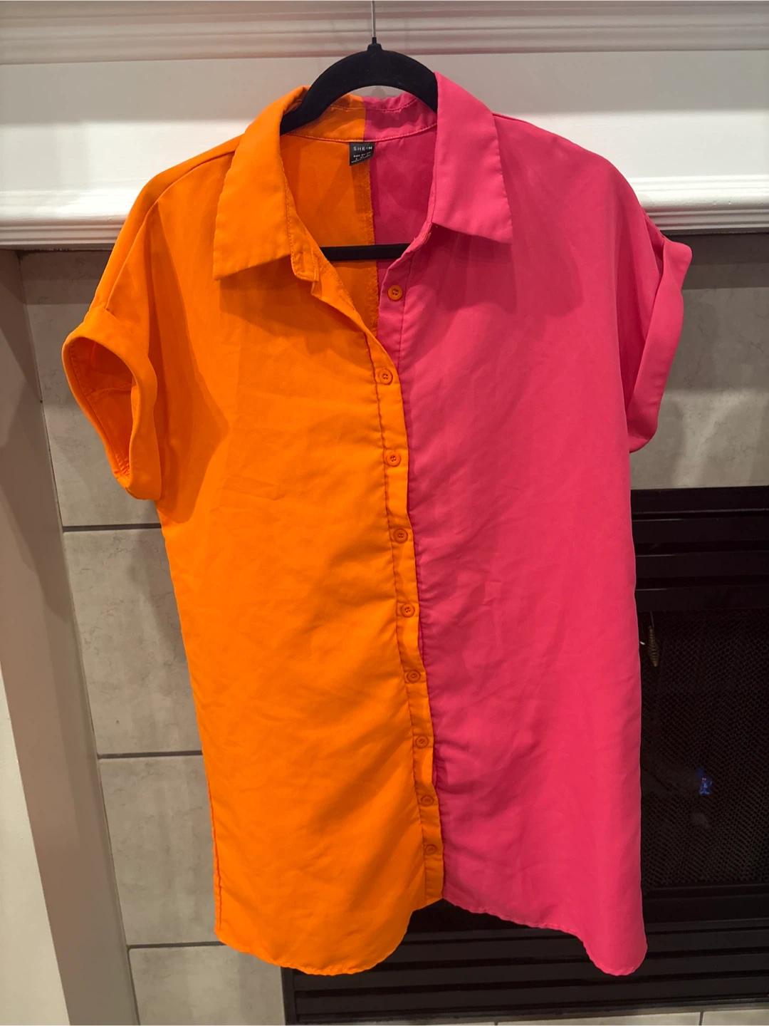 Colourblock Button-Up Shirt - Pink & Orange