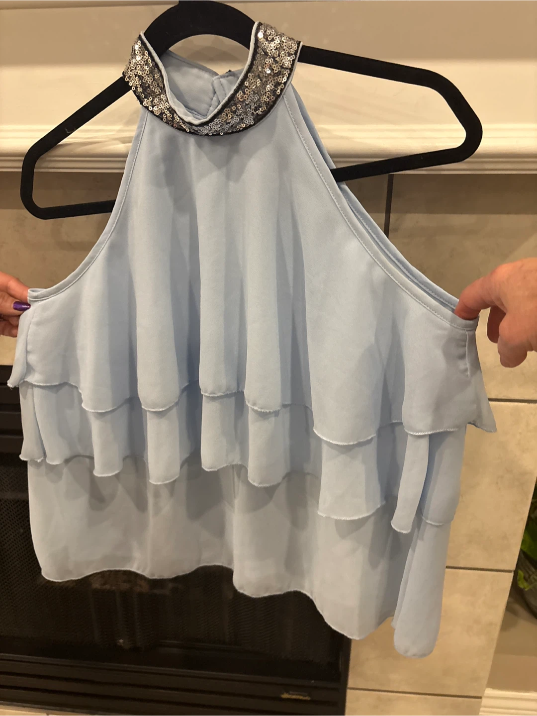 Light Blue Halter Top with Sequin Collar
