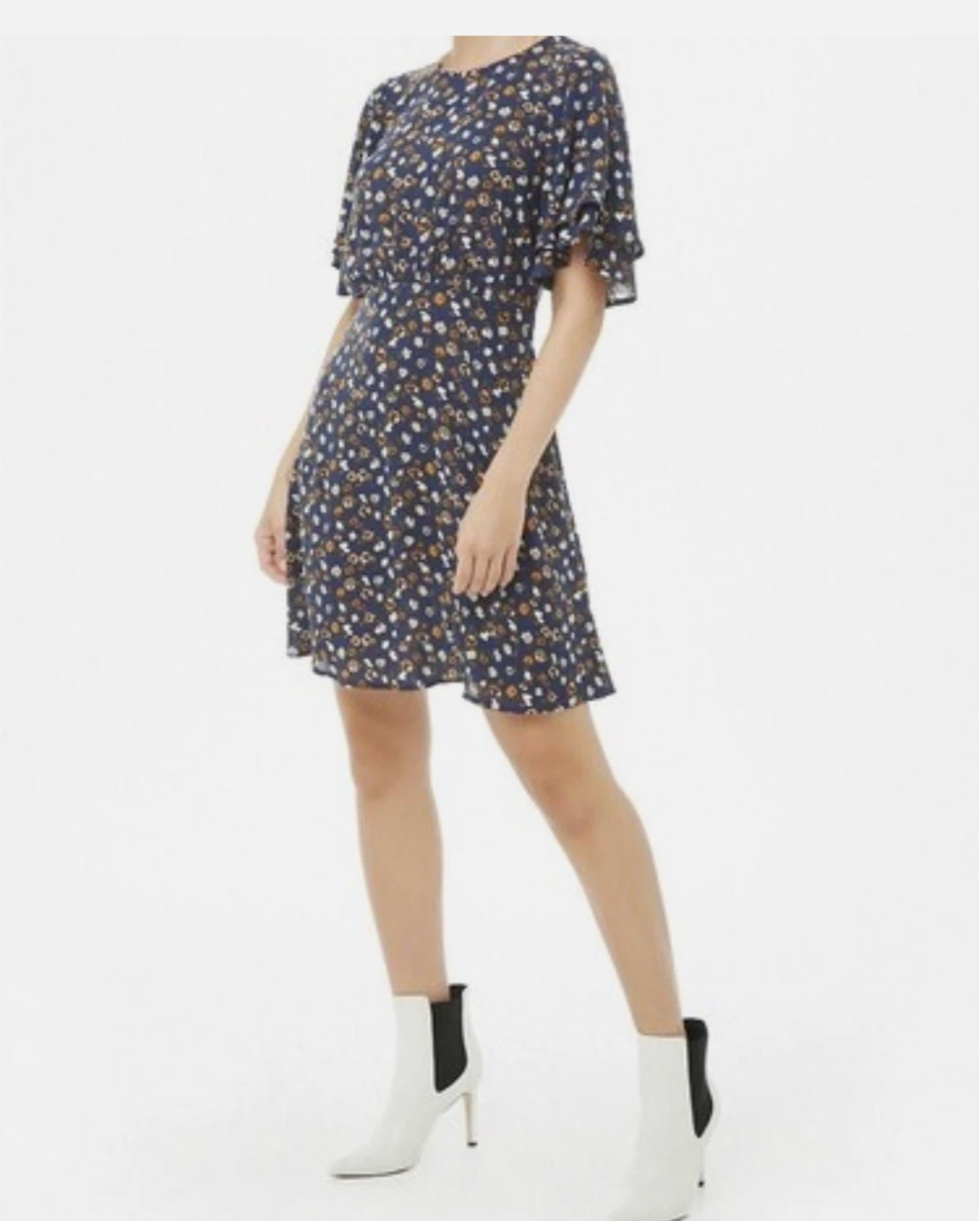 Navy Floral Print Mini Dress with Flutter Sleeves - photo 3