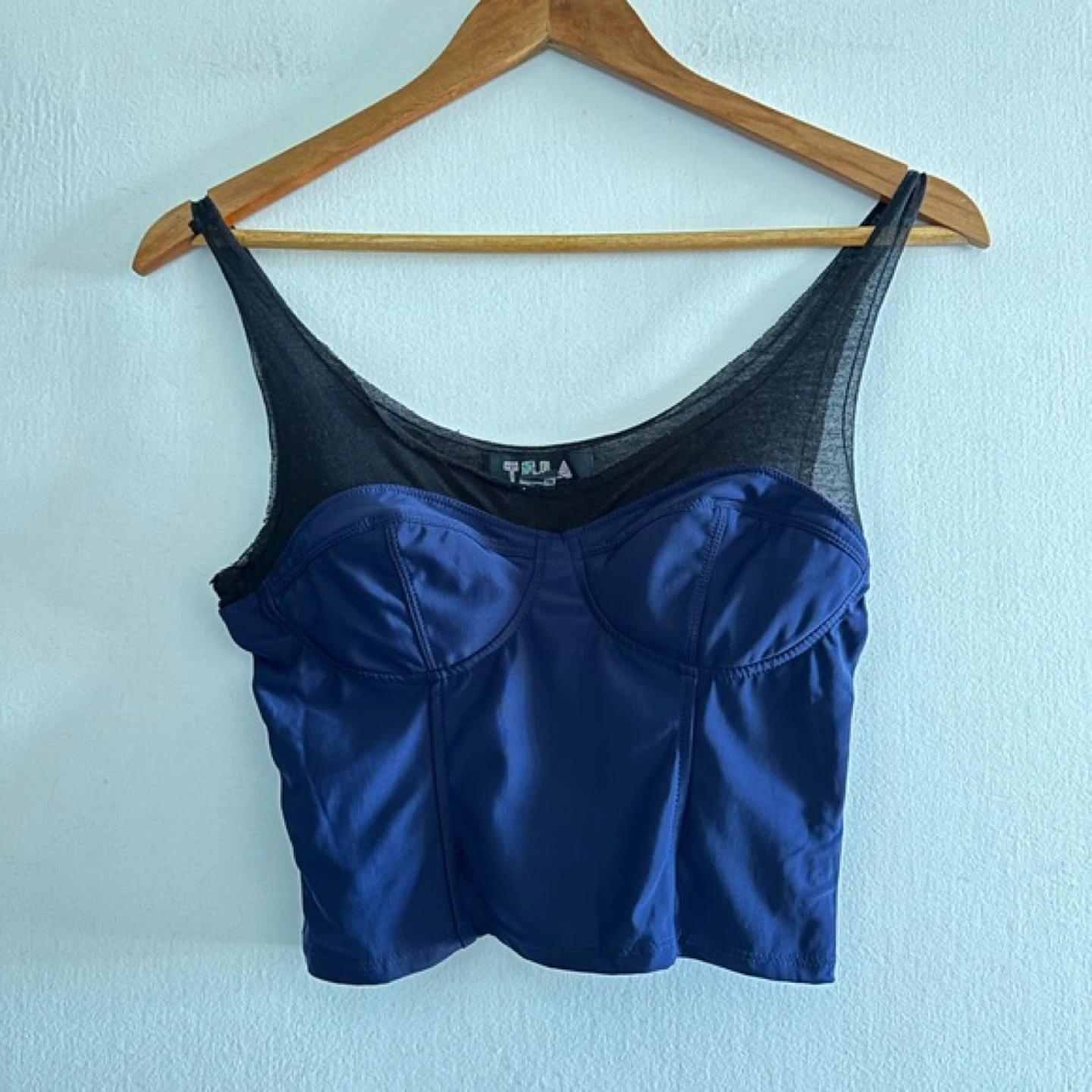 Blue Corset Tank Top with Black Mesh