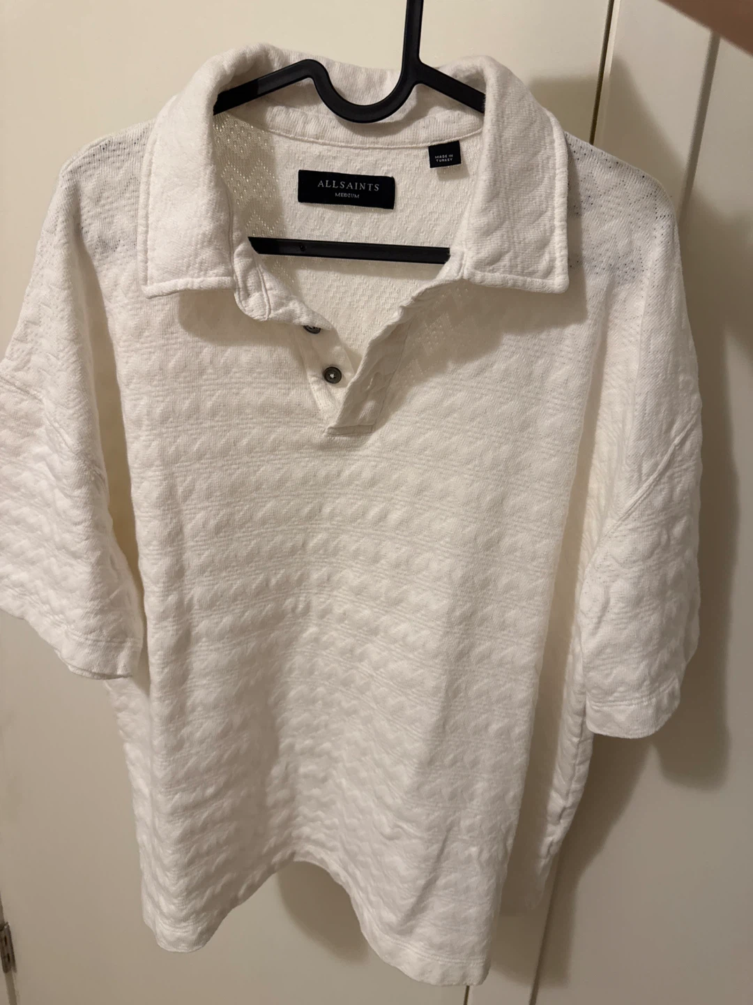 AllSaints White Textured Polo Shirt - Medium