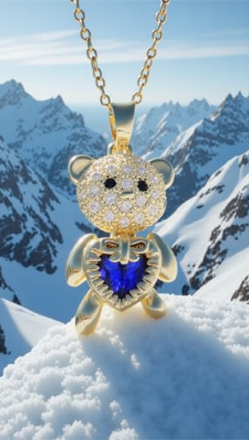 Gold Teddy Bear Pendant Necklace with Blue Heart - photo 3