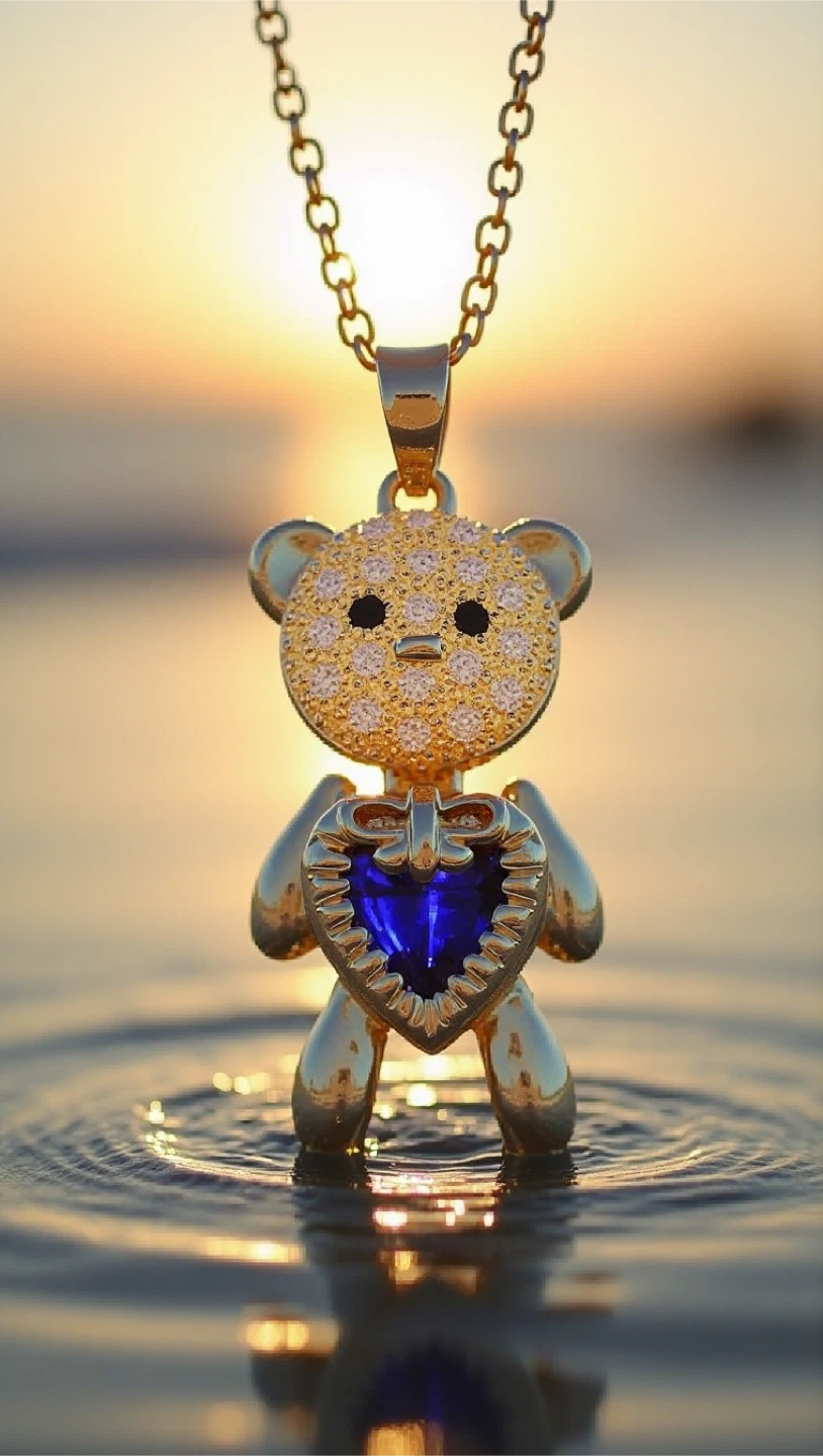 Gold Teddy Bear Pendant Necklace with Blue Heart