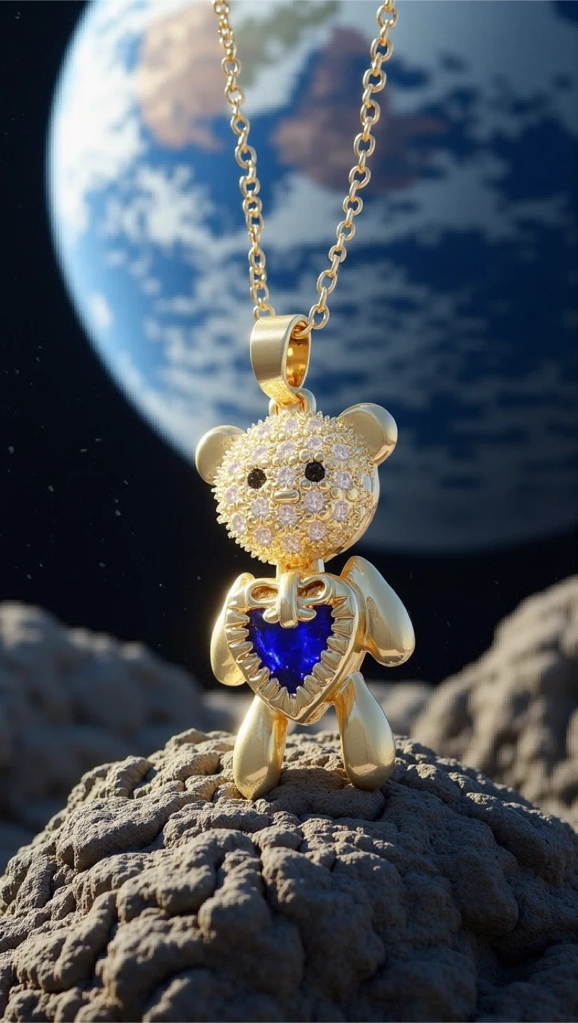 Gold Teddy Bear Pendant Necklace with Blue Heart - photo 4