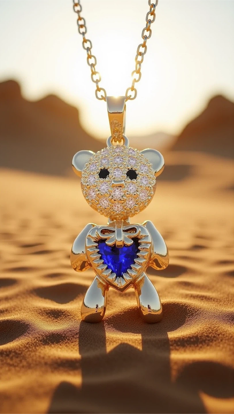 Gold Teddy Bear Pendant Necklace with Blue Heart - photo 2