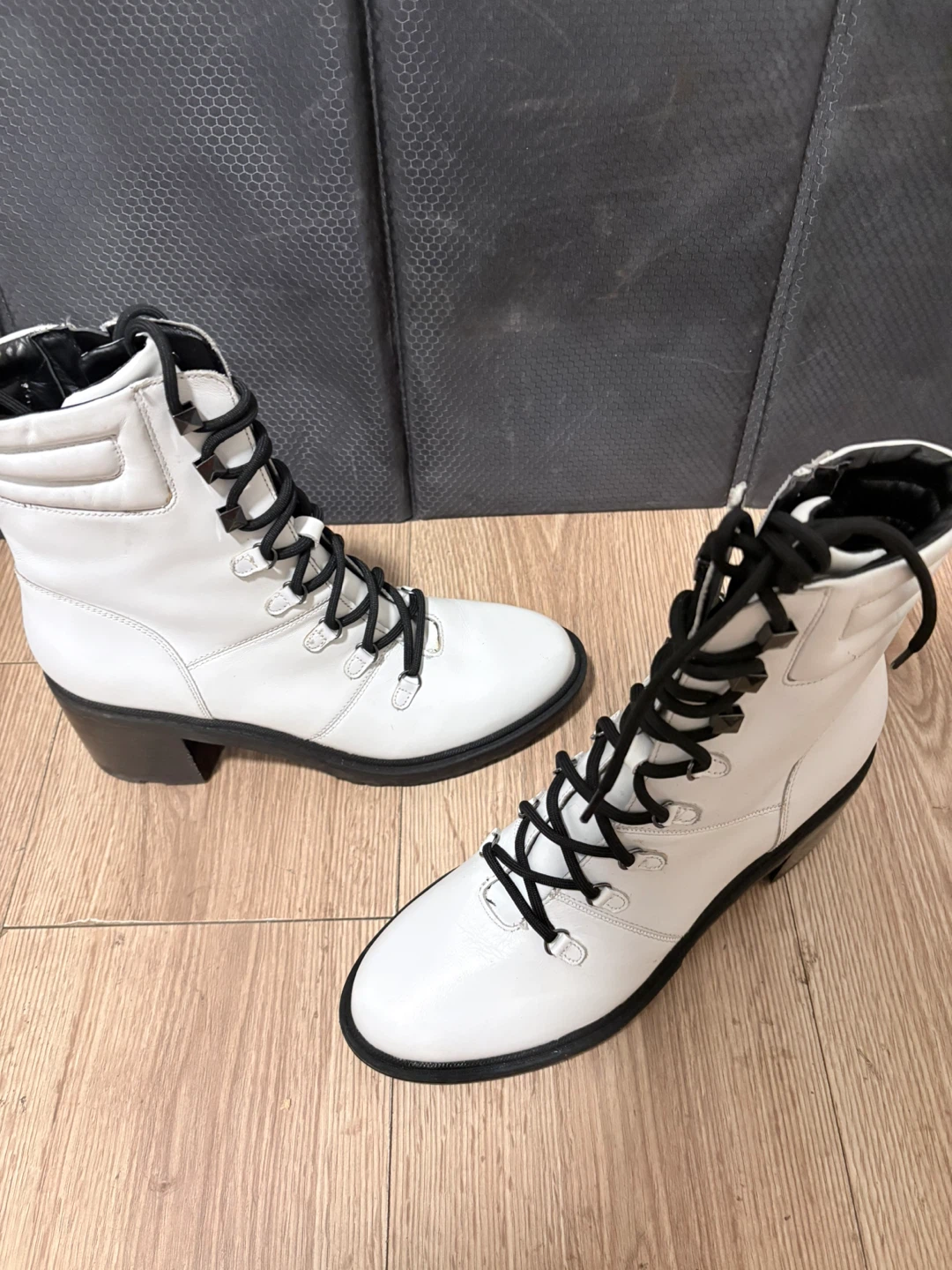 White Lace-Up Combat Boots with Black Accents