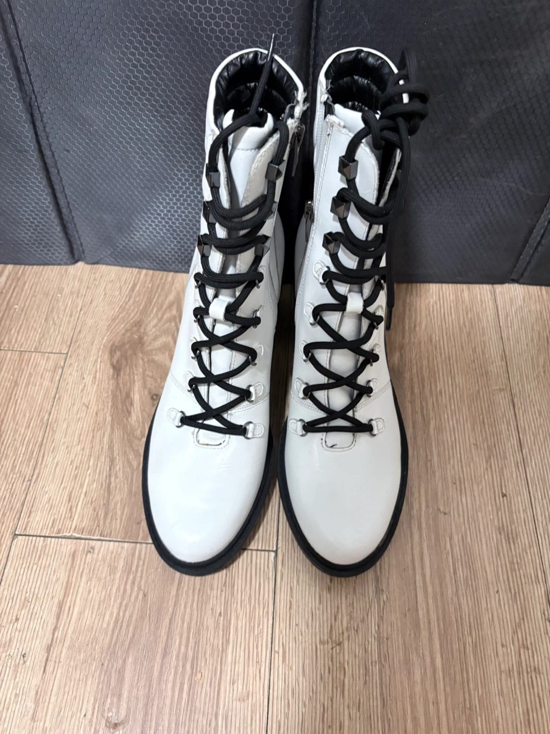 White Lace-Up Combat Boots with Black Accents - photo 3