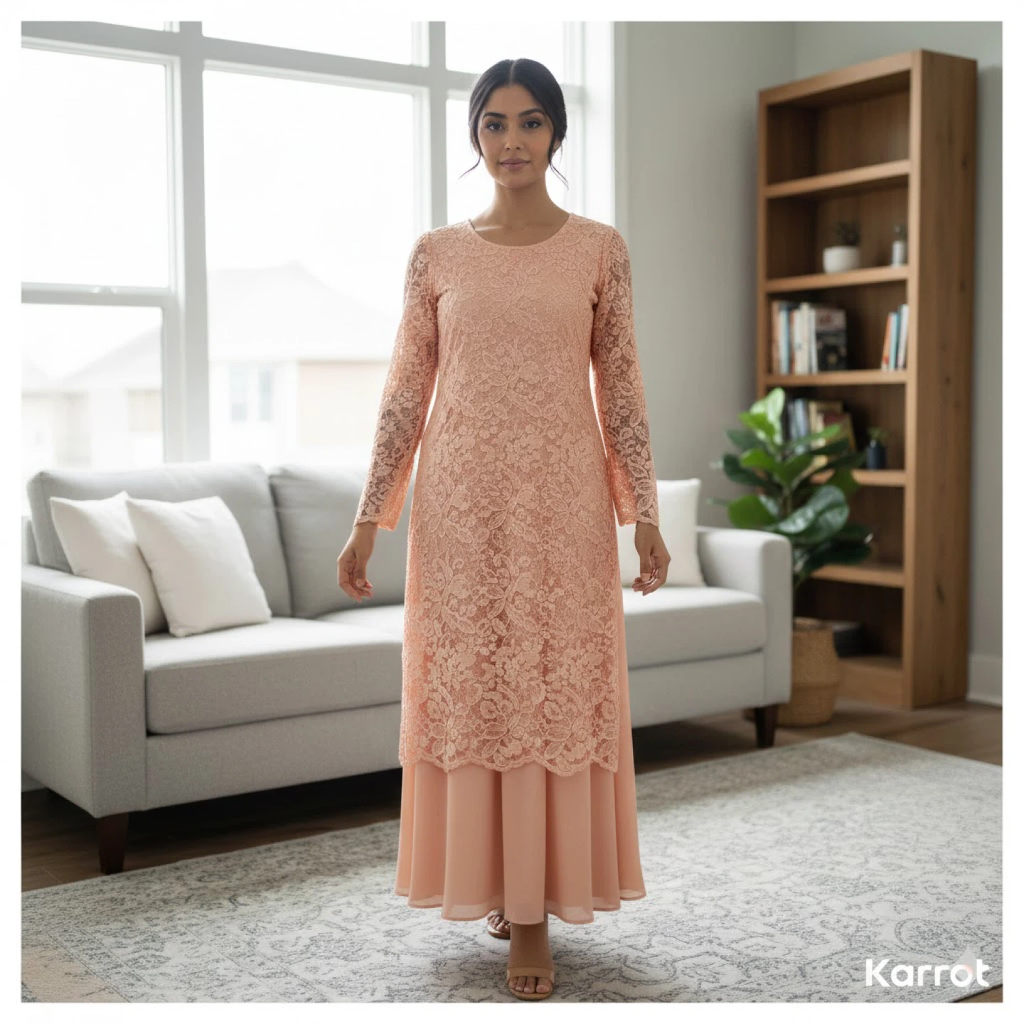 Elegant Peach Lace Maxi Dress - Full Length Evening Gown - photo 3