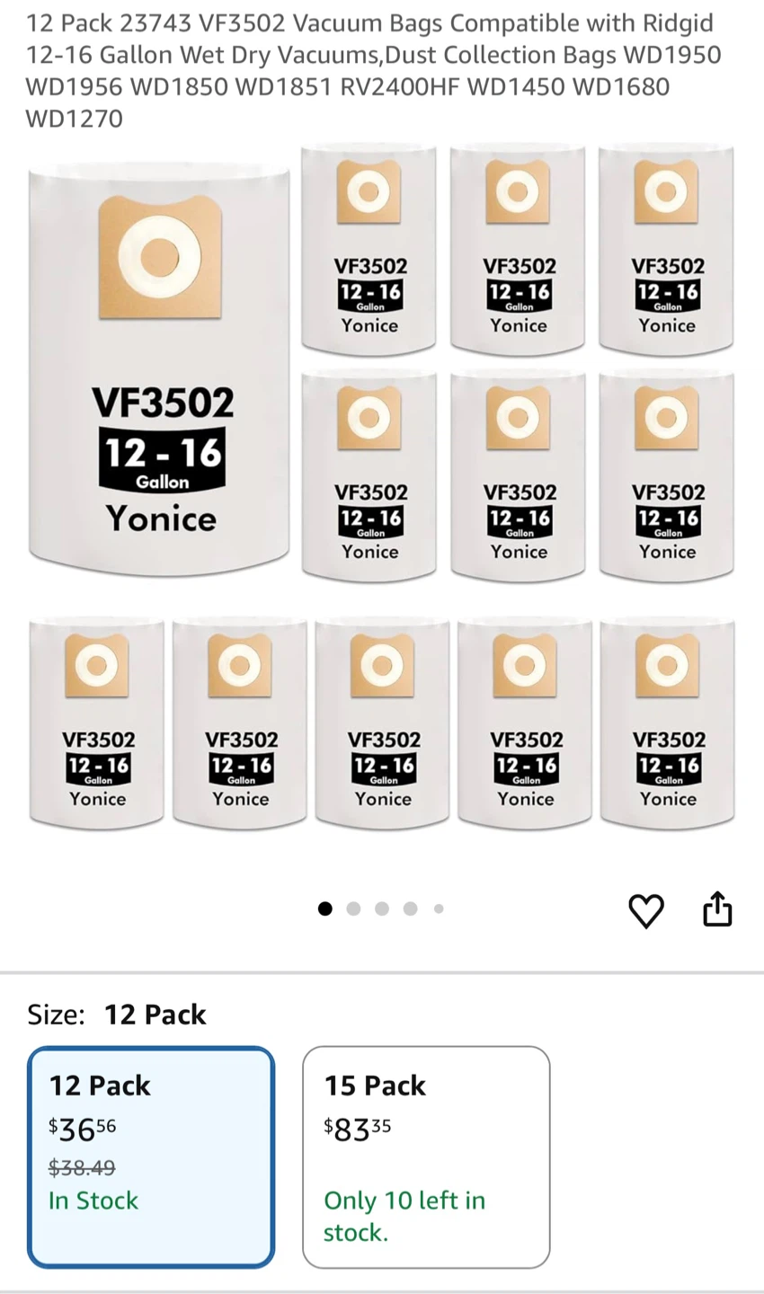 12 Pack Vacuum  Bags VF3502 for Rigid 12-16 Gallon Wet Dry vac