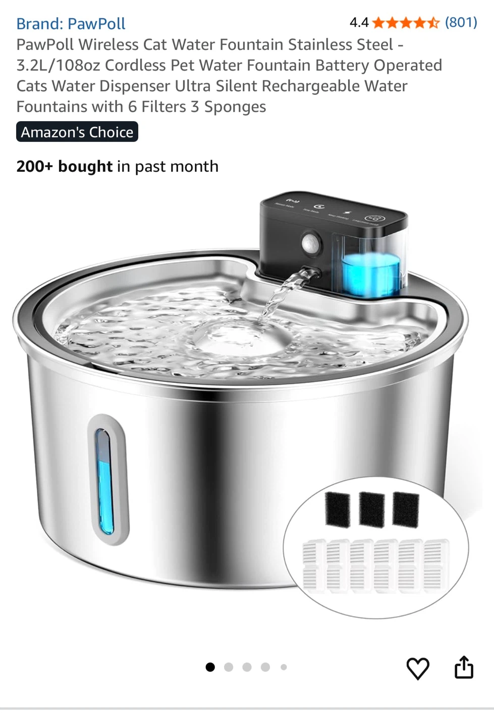 PawPoll Automatic Pet Water Fountain - 108oz Stainless Steel