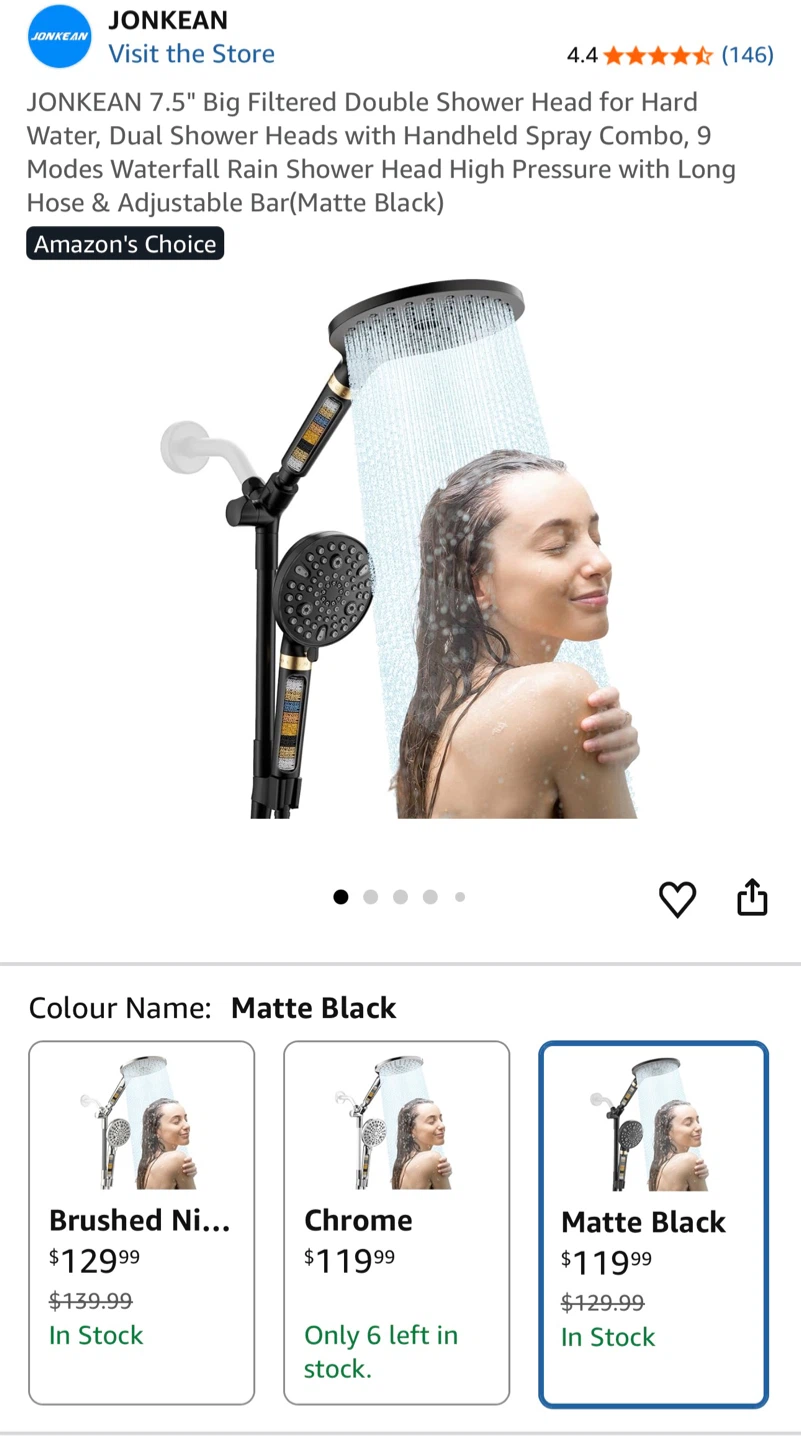 JONKEAN 7.5" Big Filtered Dual Shower Head Combo - Matte Black