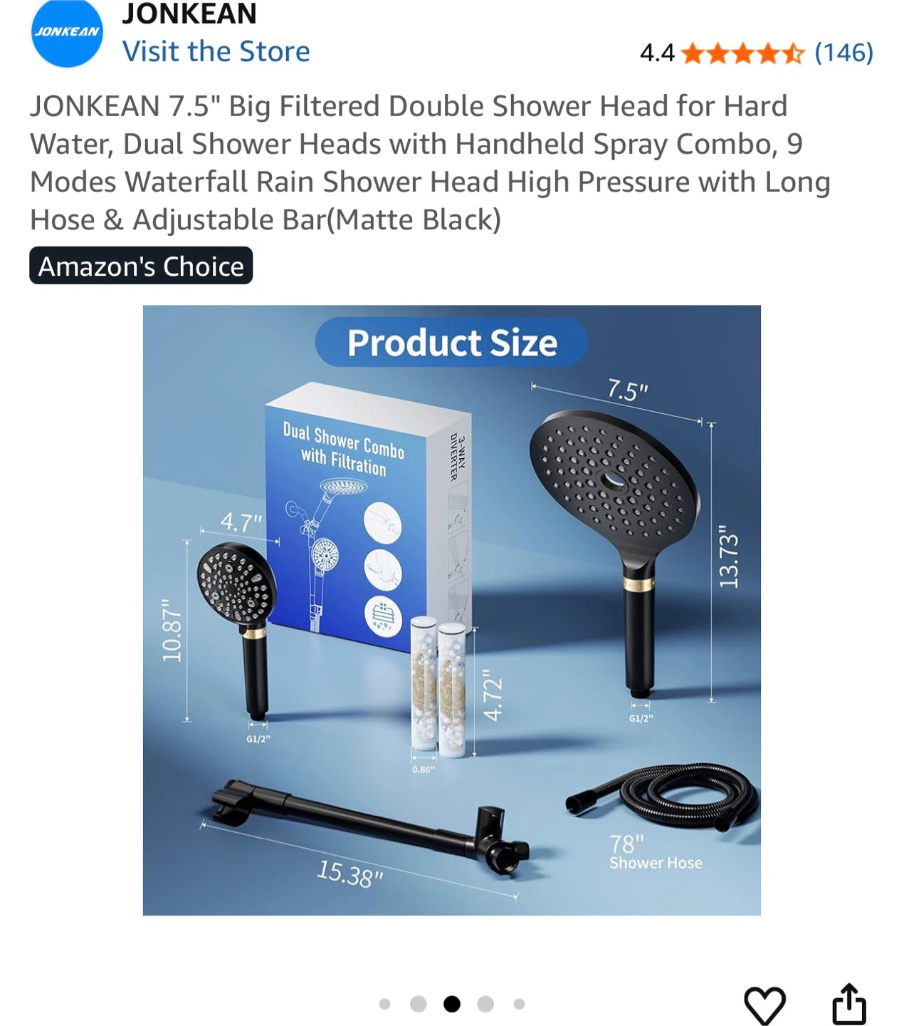 JONKEAN 7.5" Big Filtered Dual Shower Head Combo - Matte Black - photo 2