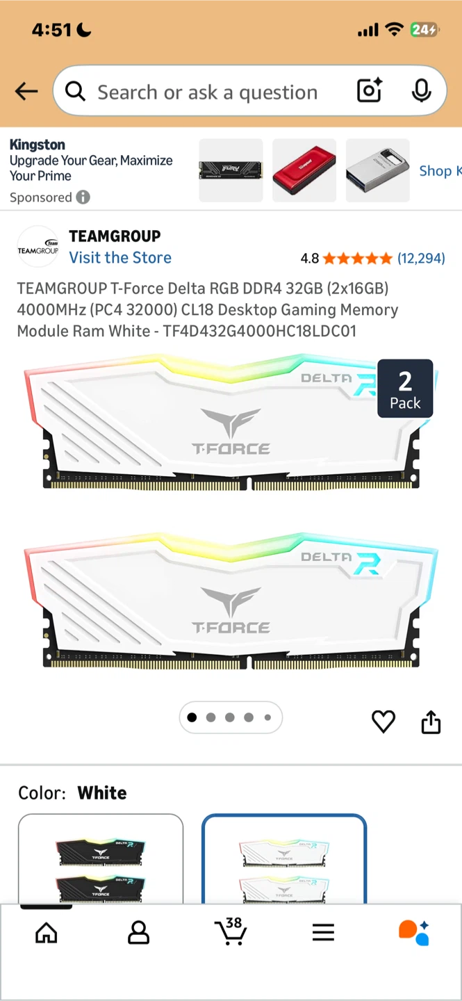 TEAMGROUP T-Force Delta RGB DDR4 32GB (2x16GB) 4000MHz RAM