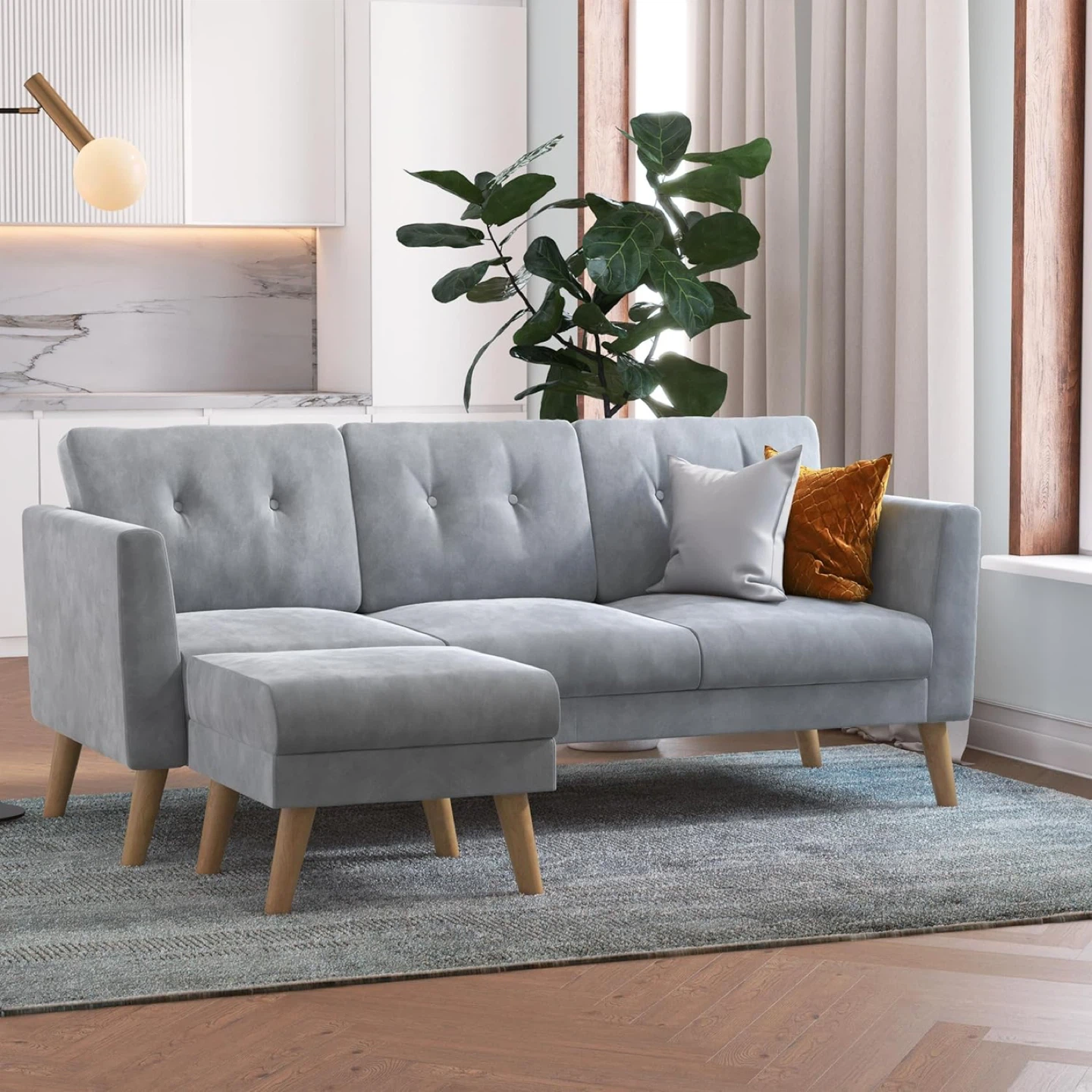 Grey Reversible Sectional Sofa with Ottoman