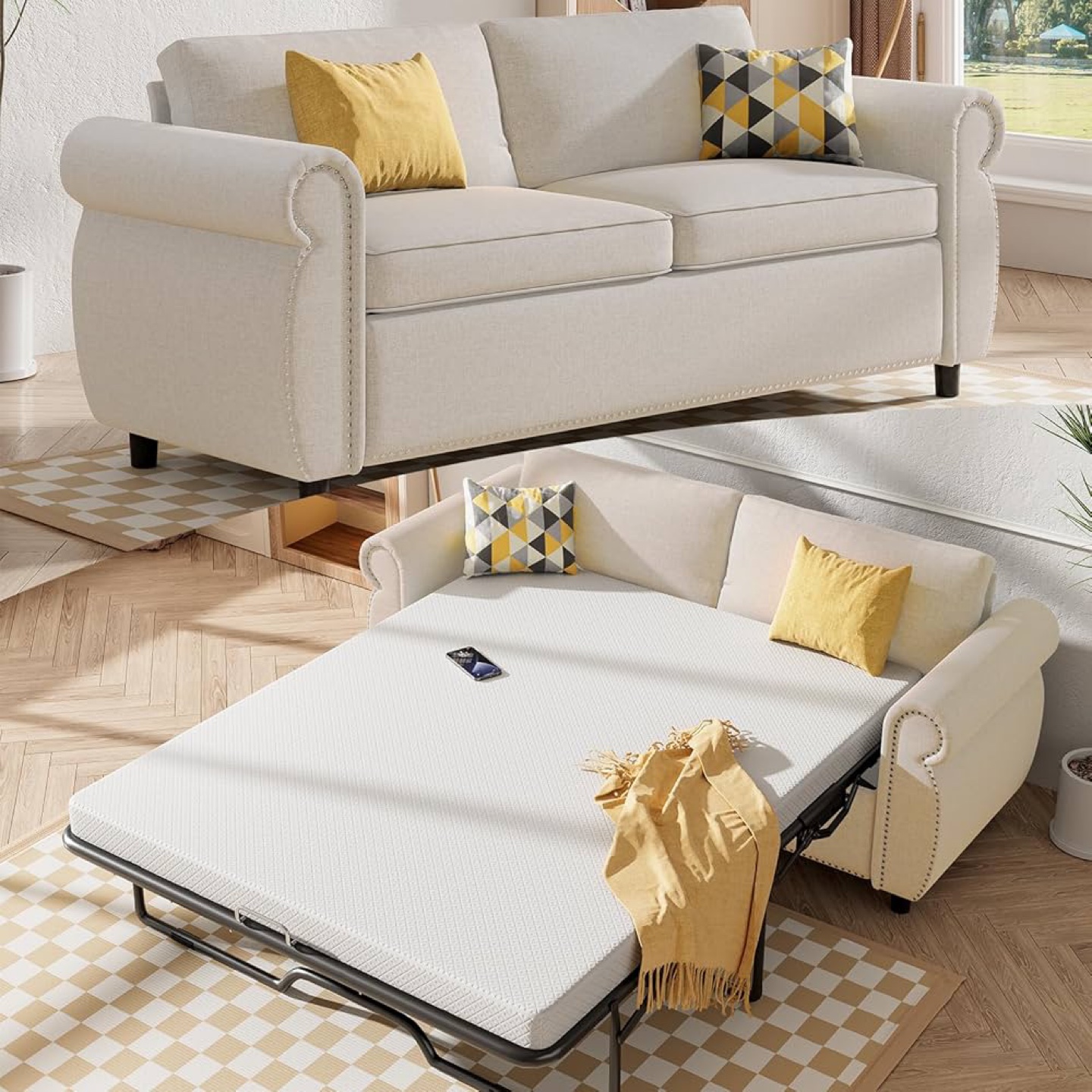 Sofa Bed - Cream Gingham Pattern - photo 2