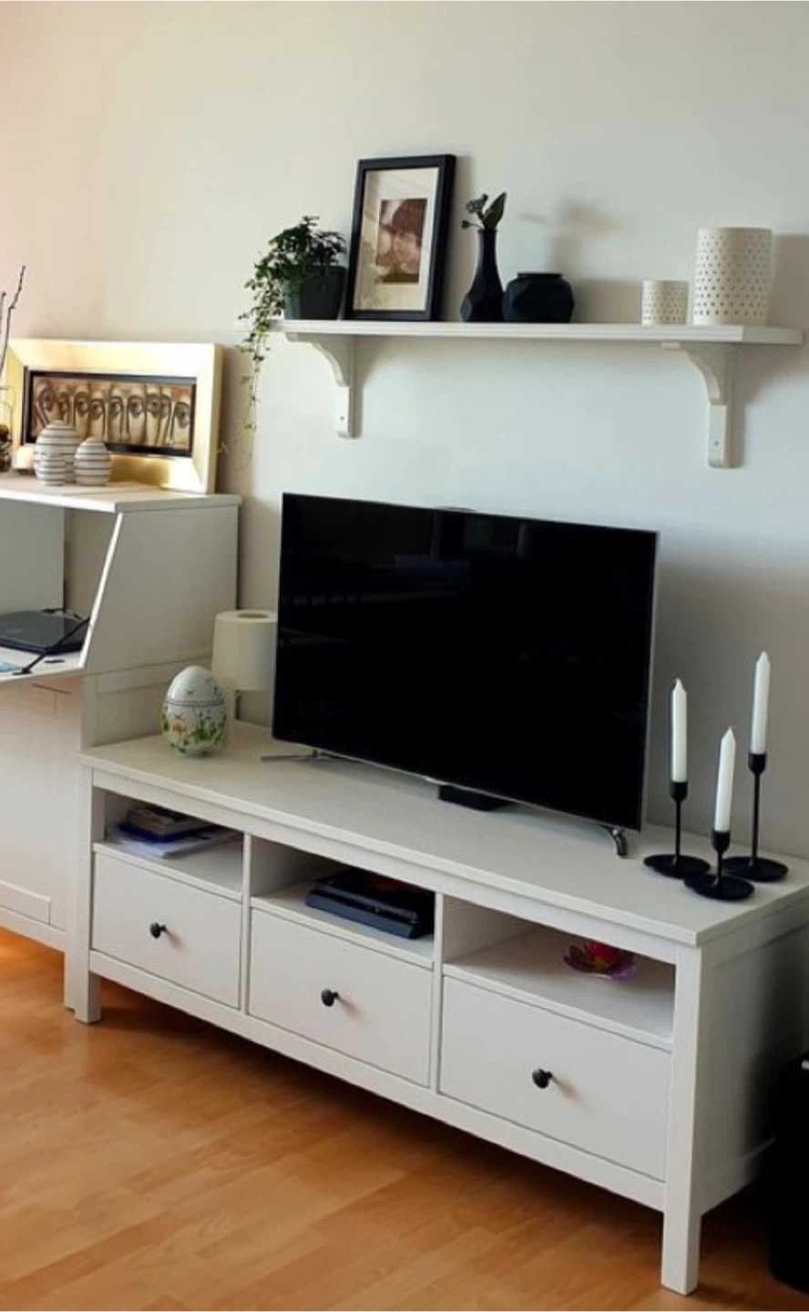 White TV Stand with 3 Drawers and 3 Shelves