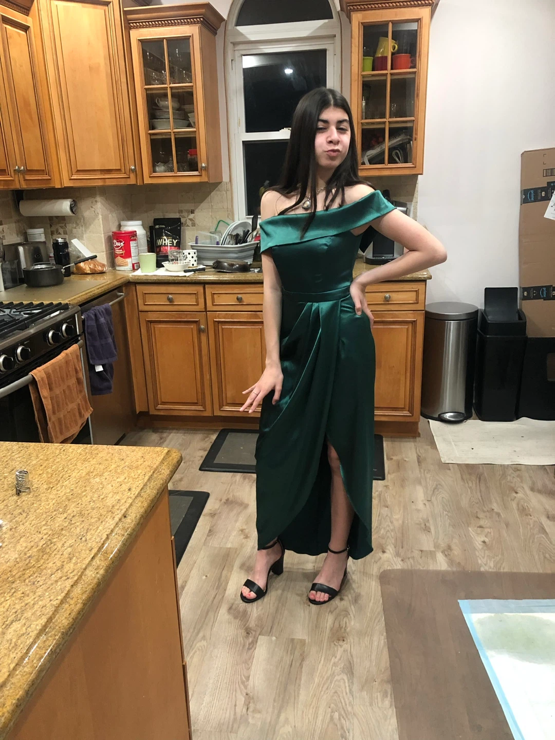 Green Off-the-Shoulder Satin Maxi Dress - photo 3