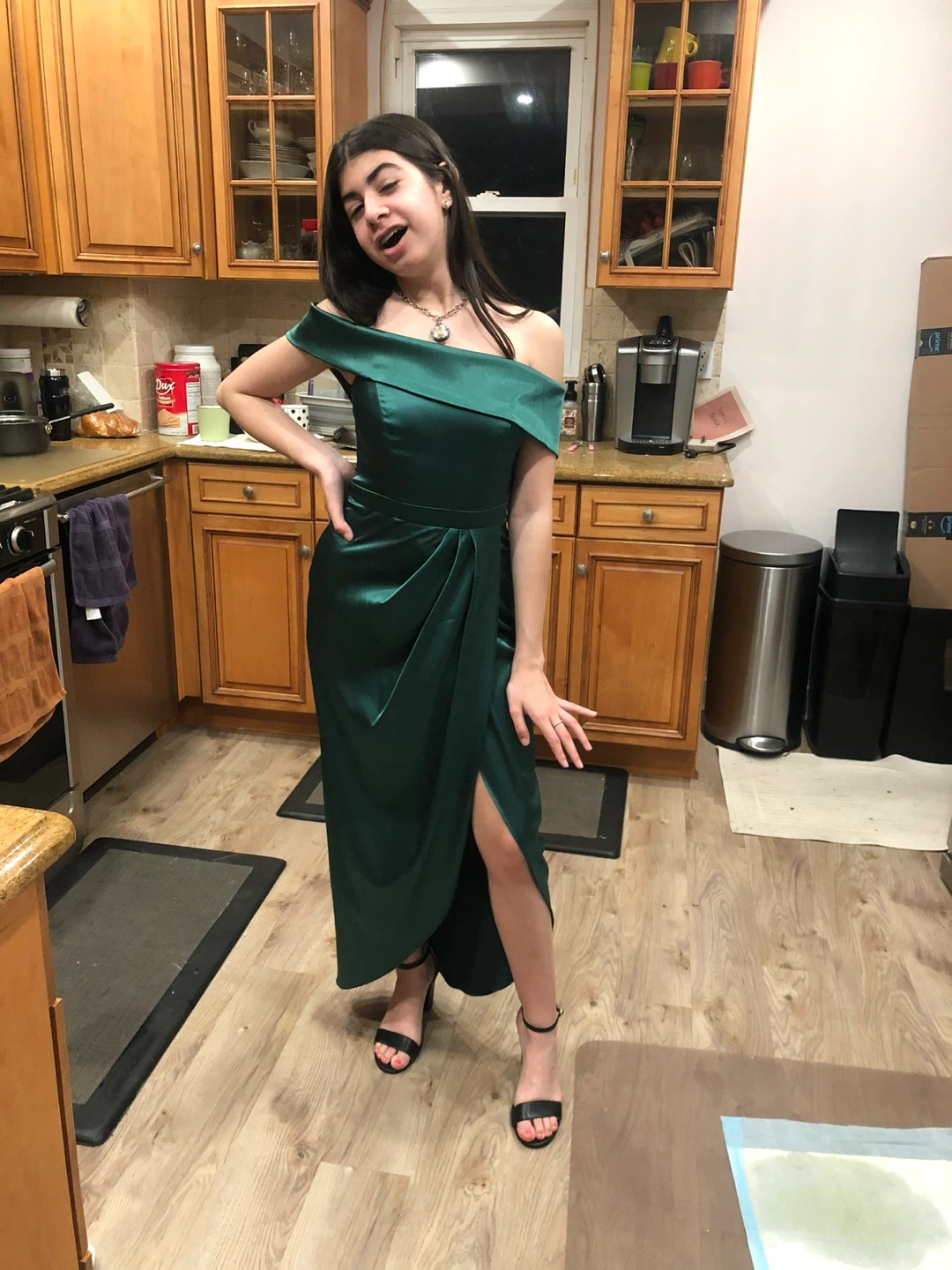 Green Off-the-Shoulder Satin Maxi Dress - photo 2