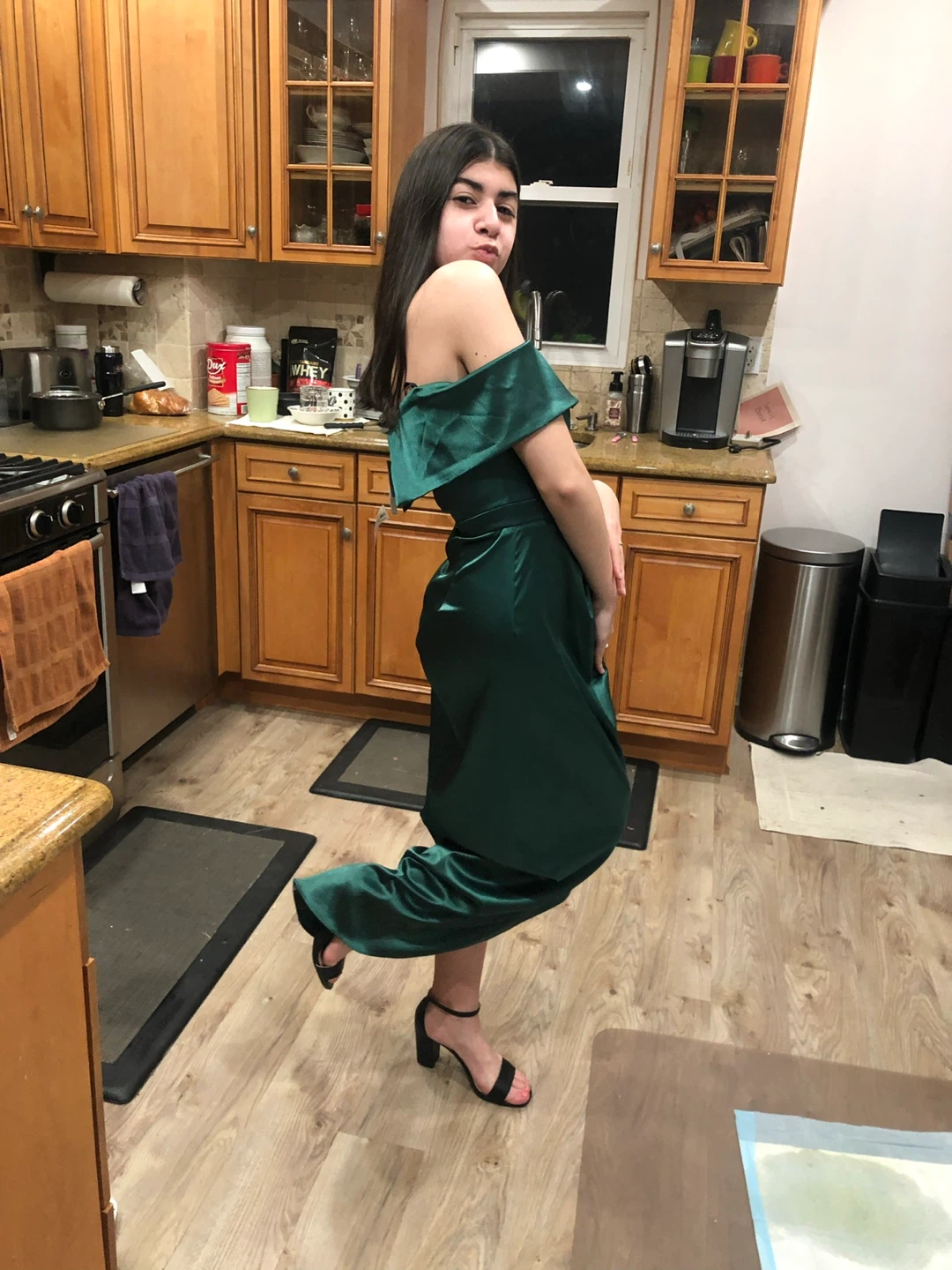 Green Off-the-Shoulder Satin Maxi Dress
