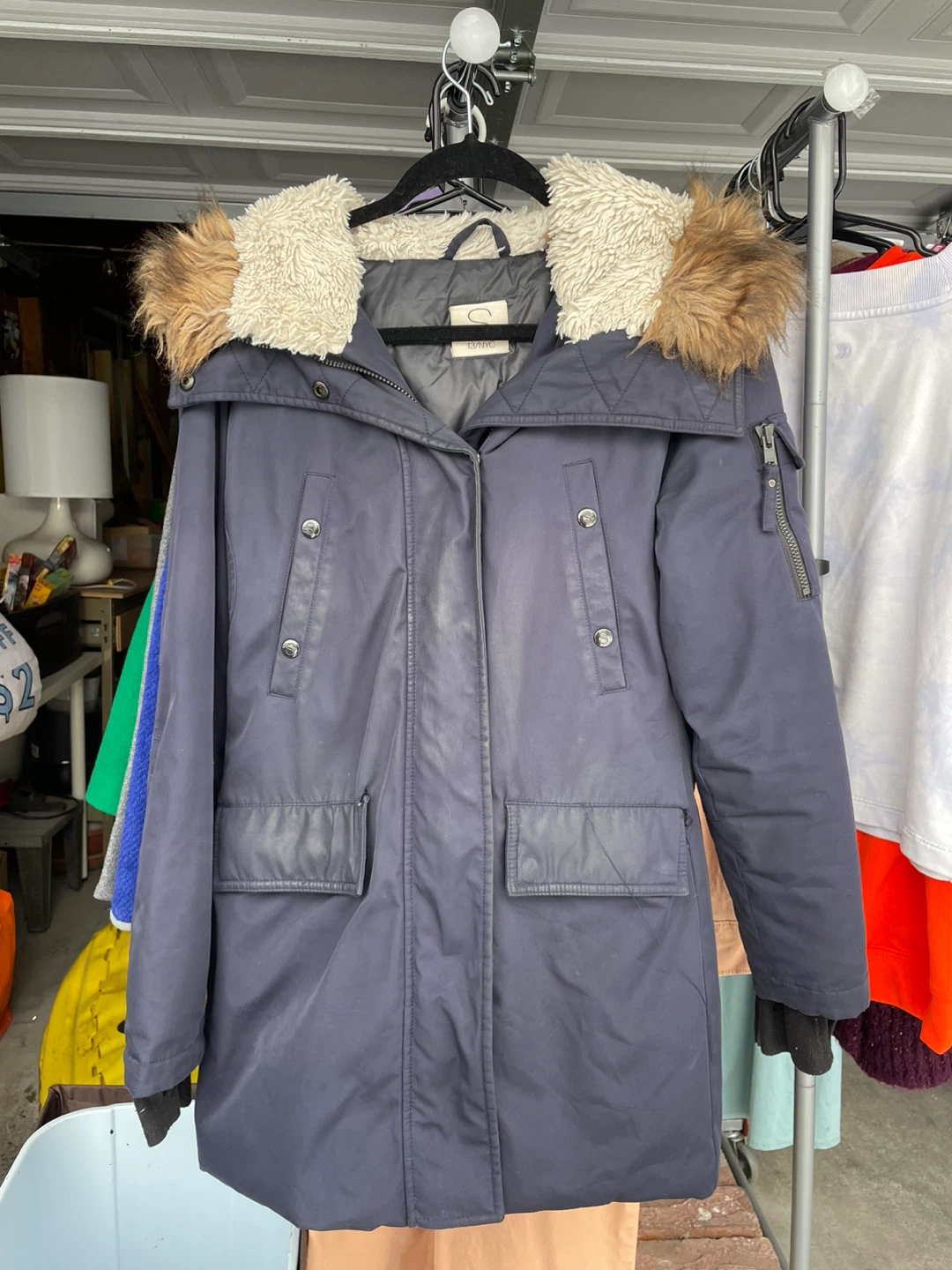 13/NYC Navy Blue Parka Jacket with Faux Fur Hood - Size S