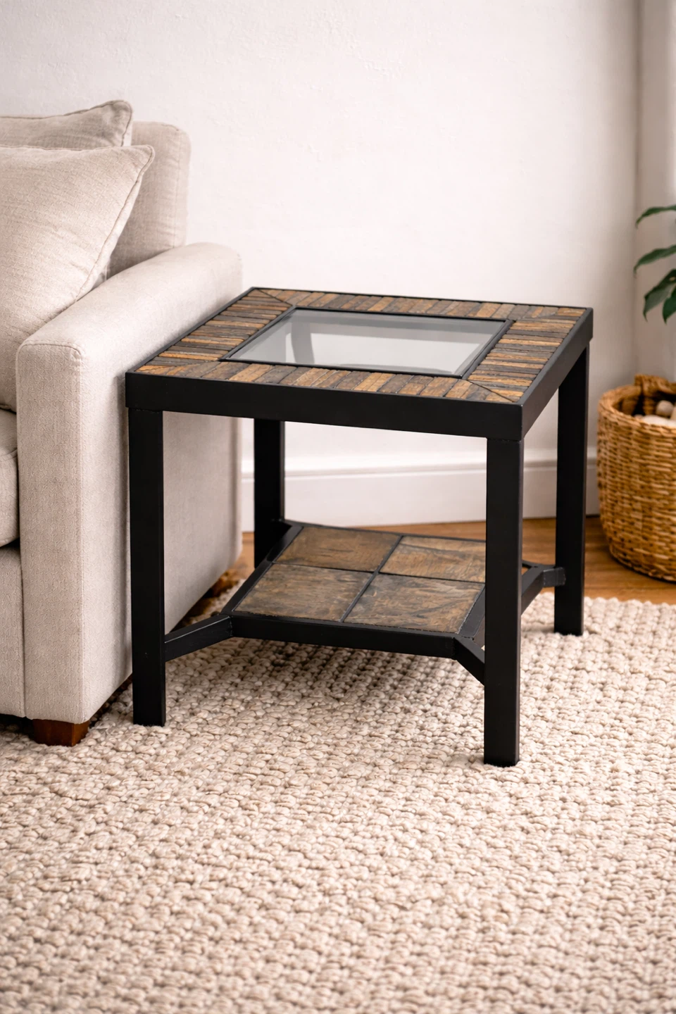 Square End Table with Slate and Glass Top