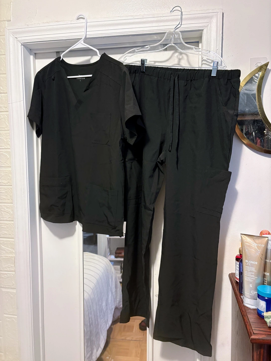 Floral Hue Black Scrub Top and Pants Set - Size L