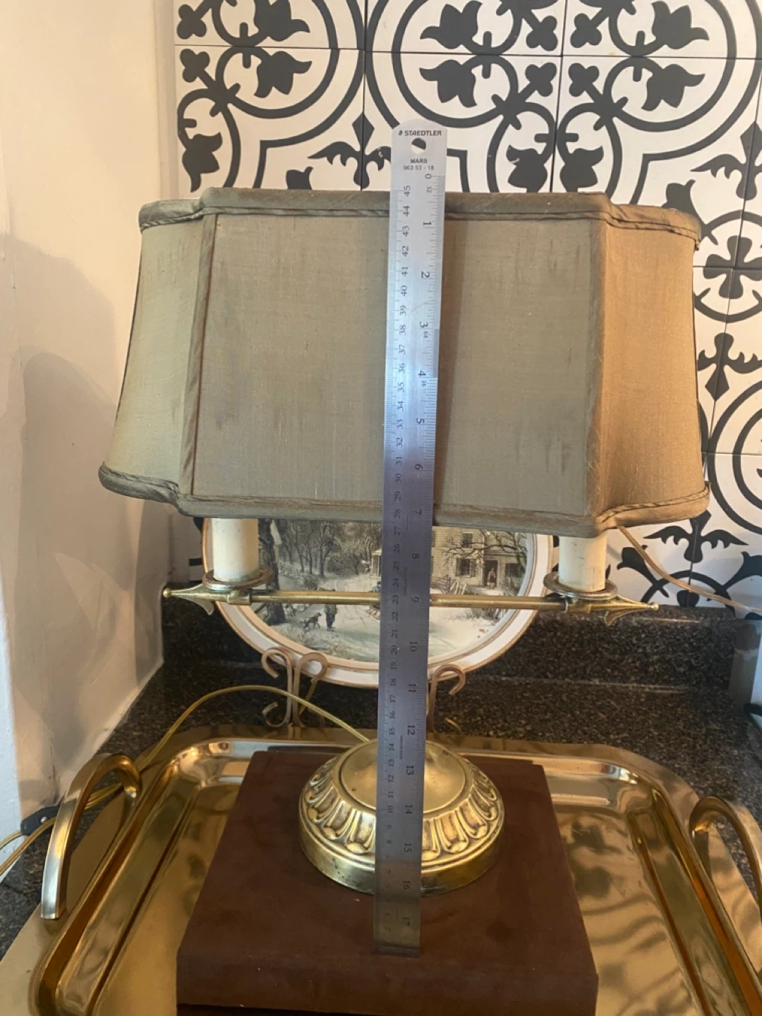 Vintage Brass Two-Light Lamp with Harp and Shade - photo 5