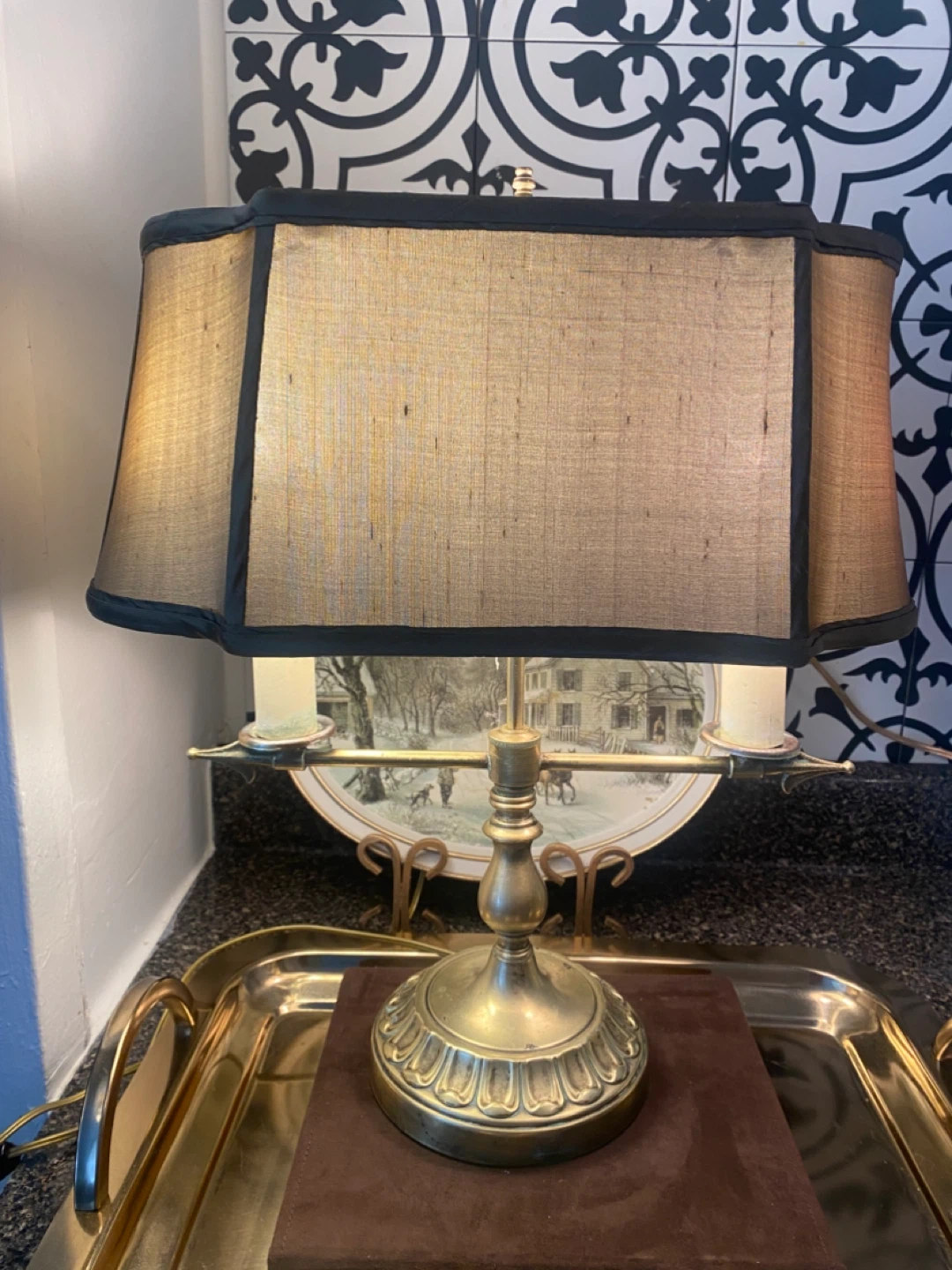 Vintage Brass Two-Light Lamp with Harp and Shade - photo 2