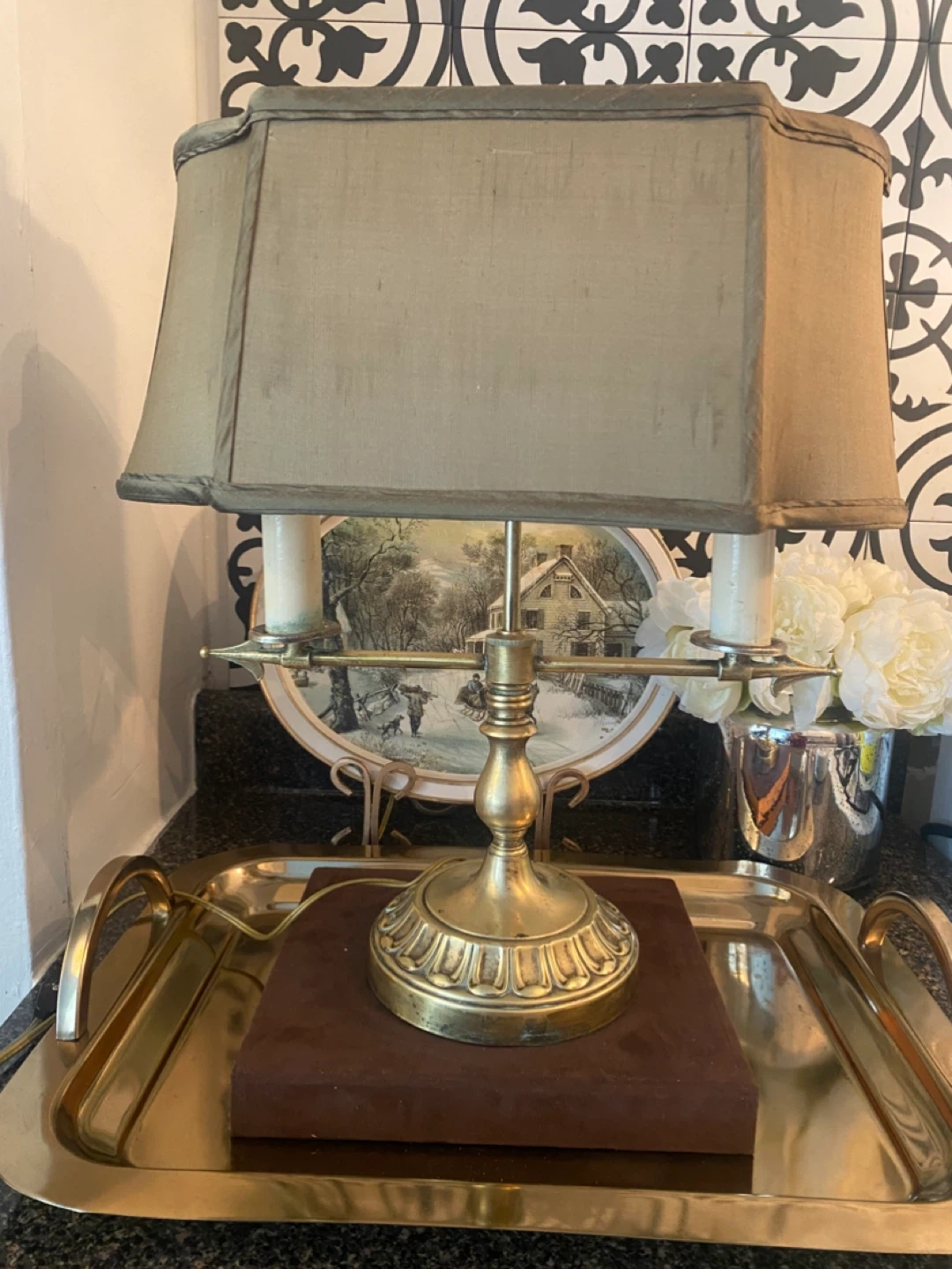 Vintage Brass Two-Light Lamp with Harp and Shade - photo 3