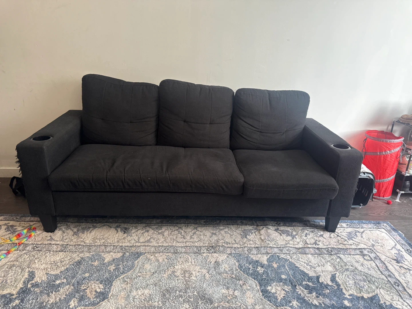 Dark Grey Sofa with Built-in Cup Holders