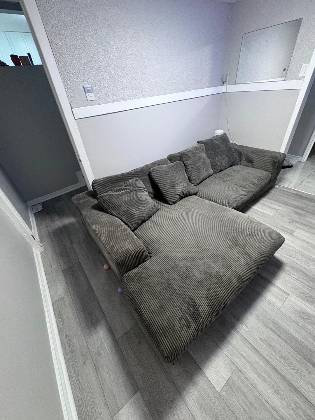 Grey Corduroy Sectional Sofa with Chaise - photo 3