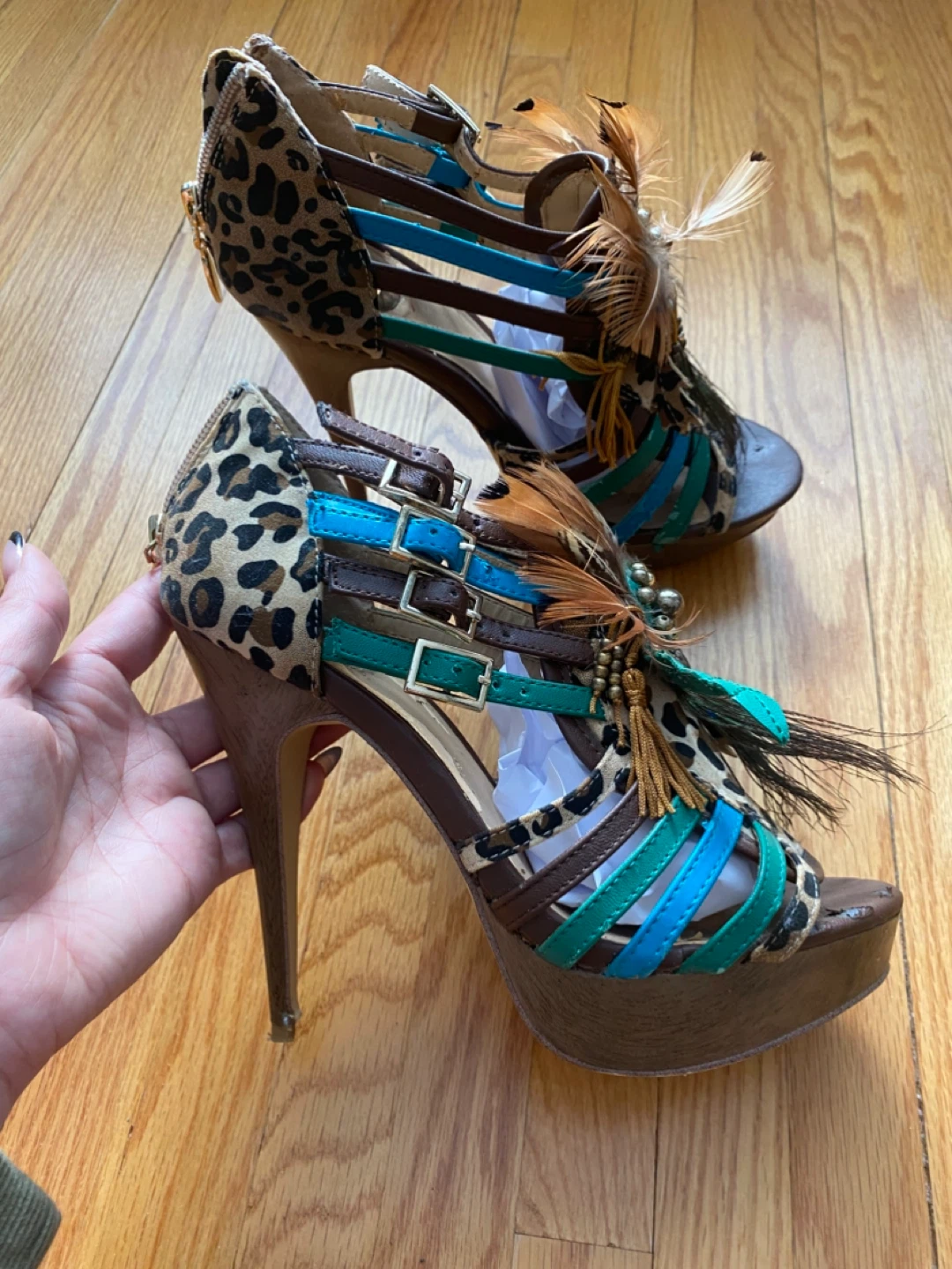 Leopard Print Feather Platform Heels