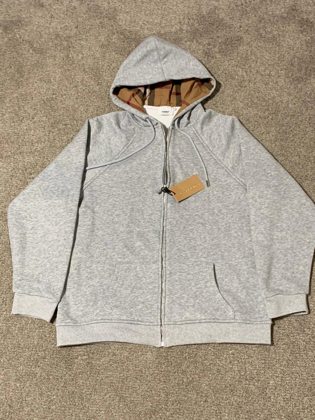 Burberry Grey Zip-Up Hoodie with Check Lining