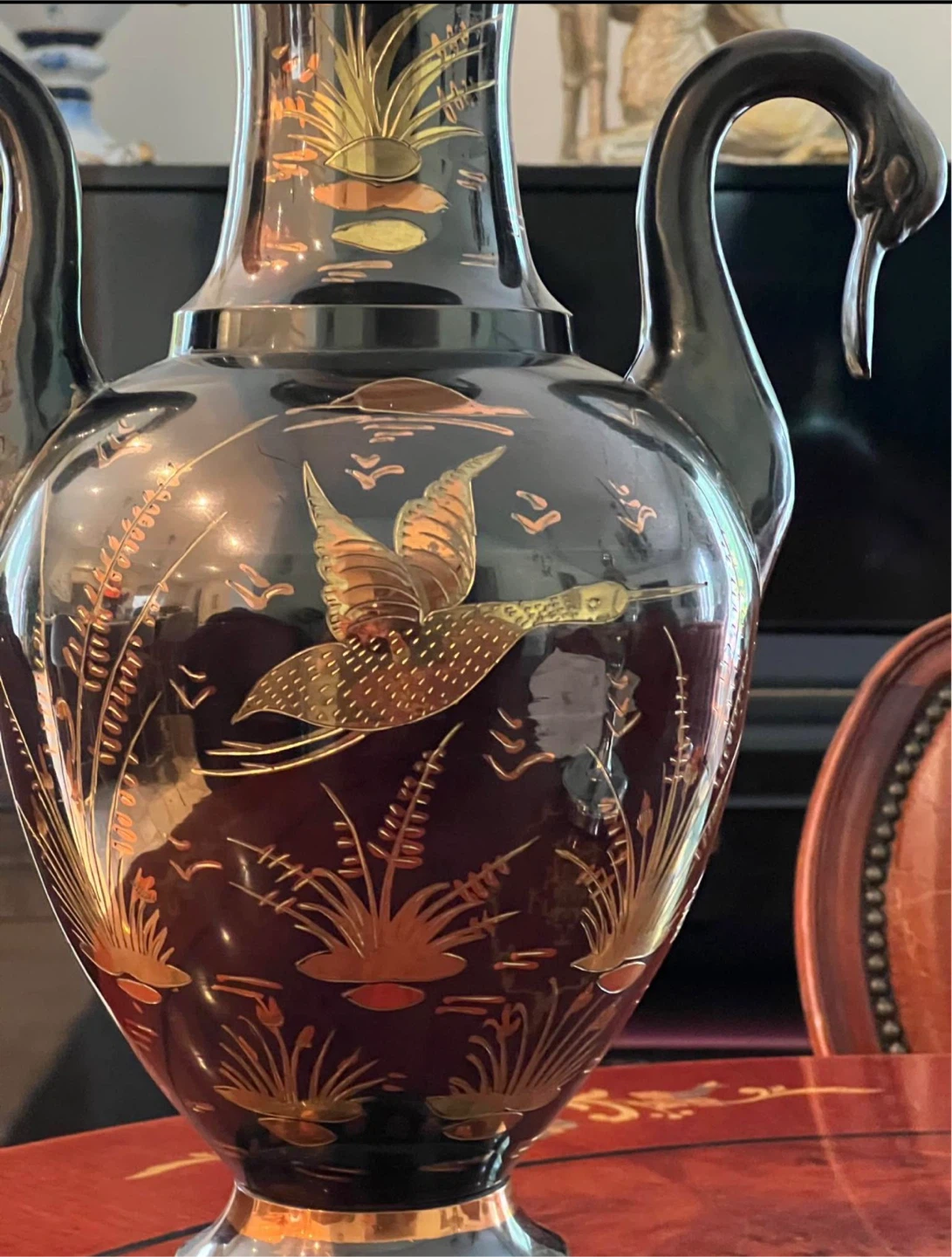 Black Decorative Vase with Swan Handles and Bird Motif - photo 2