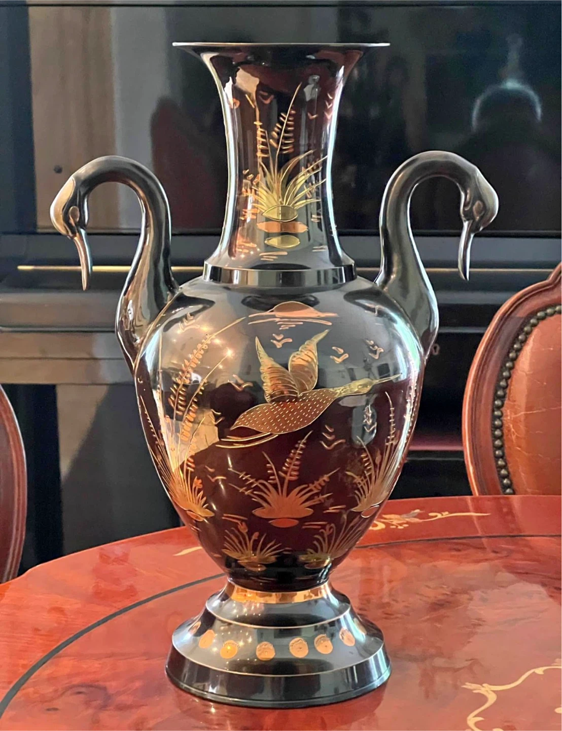 Black Decorative Vase with Swan Handles and Bird Motif