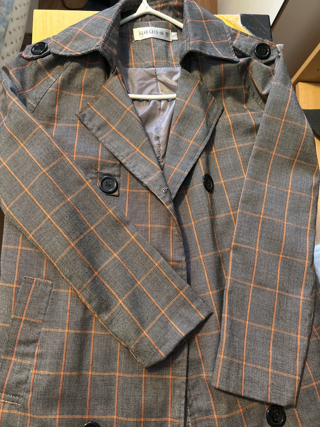 Grey Plaid Blazer with Orange Accents