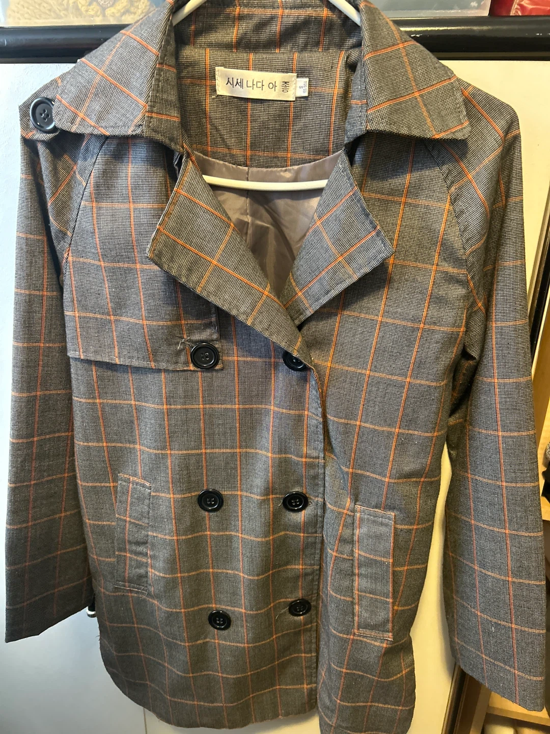 Grey Plaid Blazer with Orange Accents - photo 2