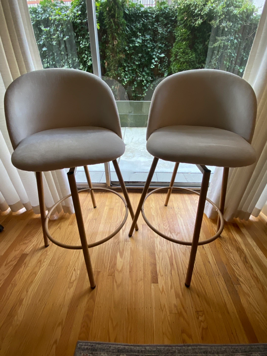 Set of 2 Beige Upholstered Swivel Bar Stools
