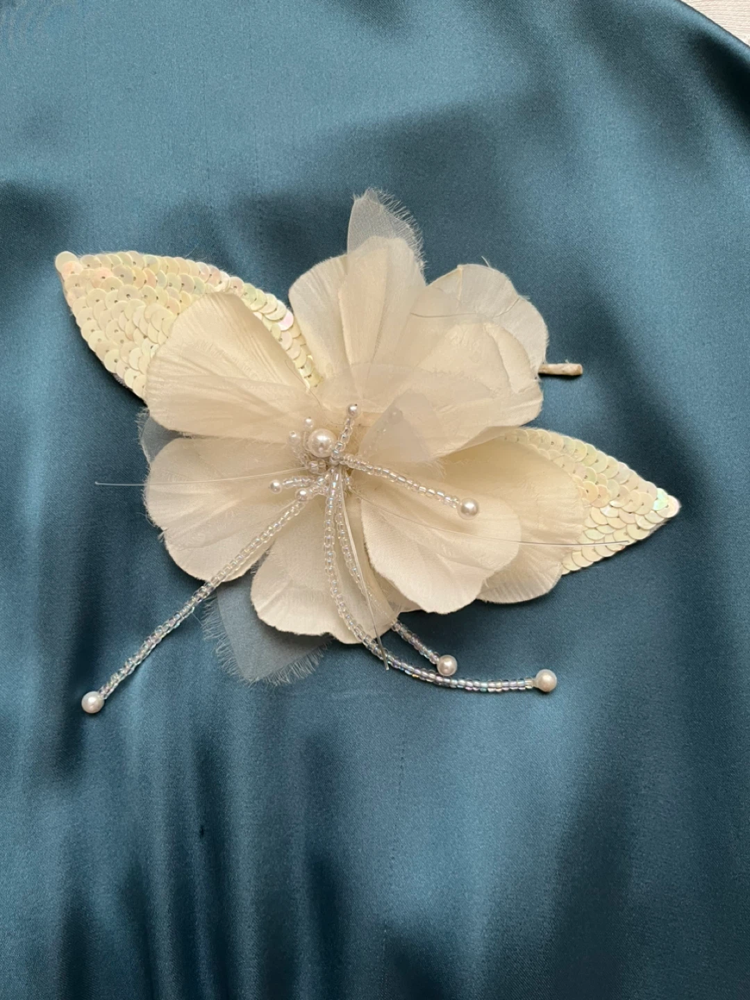 Vintage Cream Flower Brooch with Sequins