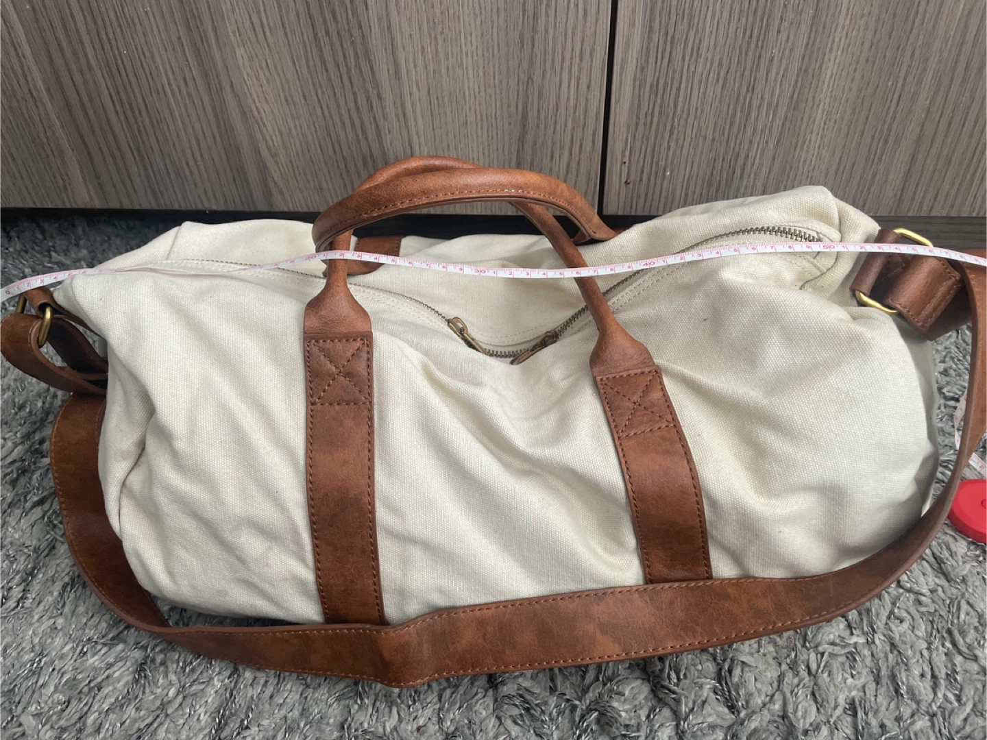 Cream Canvas Duffle Bag with Brown Faux Leather Accents
