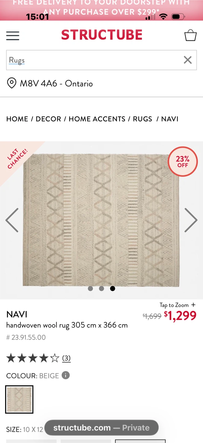 Structube LAMI Handwoven Wool Rug 6' x 9'