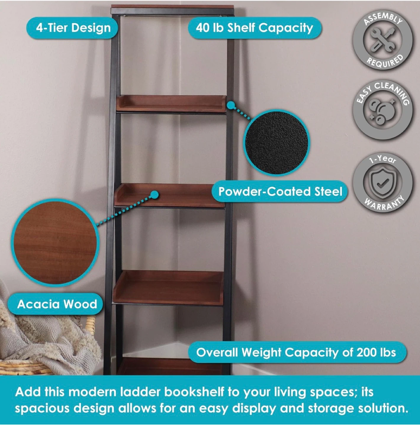 4-Tier Ladder Bookshelf - Acacia Wood and Powder-Coated Steel - photo 4