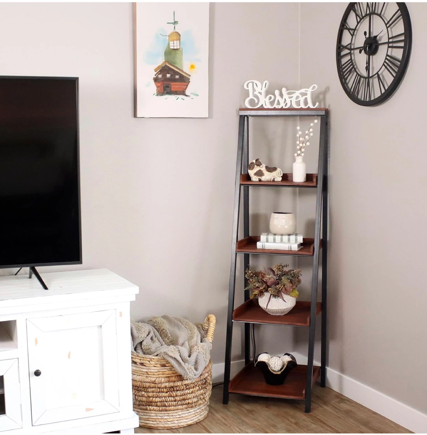 4-Tier Ladder Bookshelf - Acacia Wood and Powder-Coated Steel - photo 2